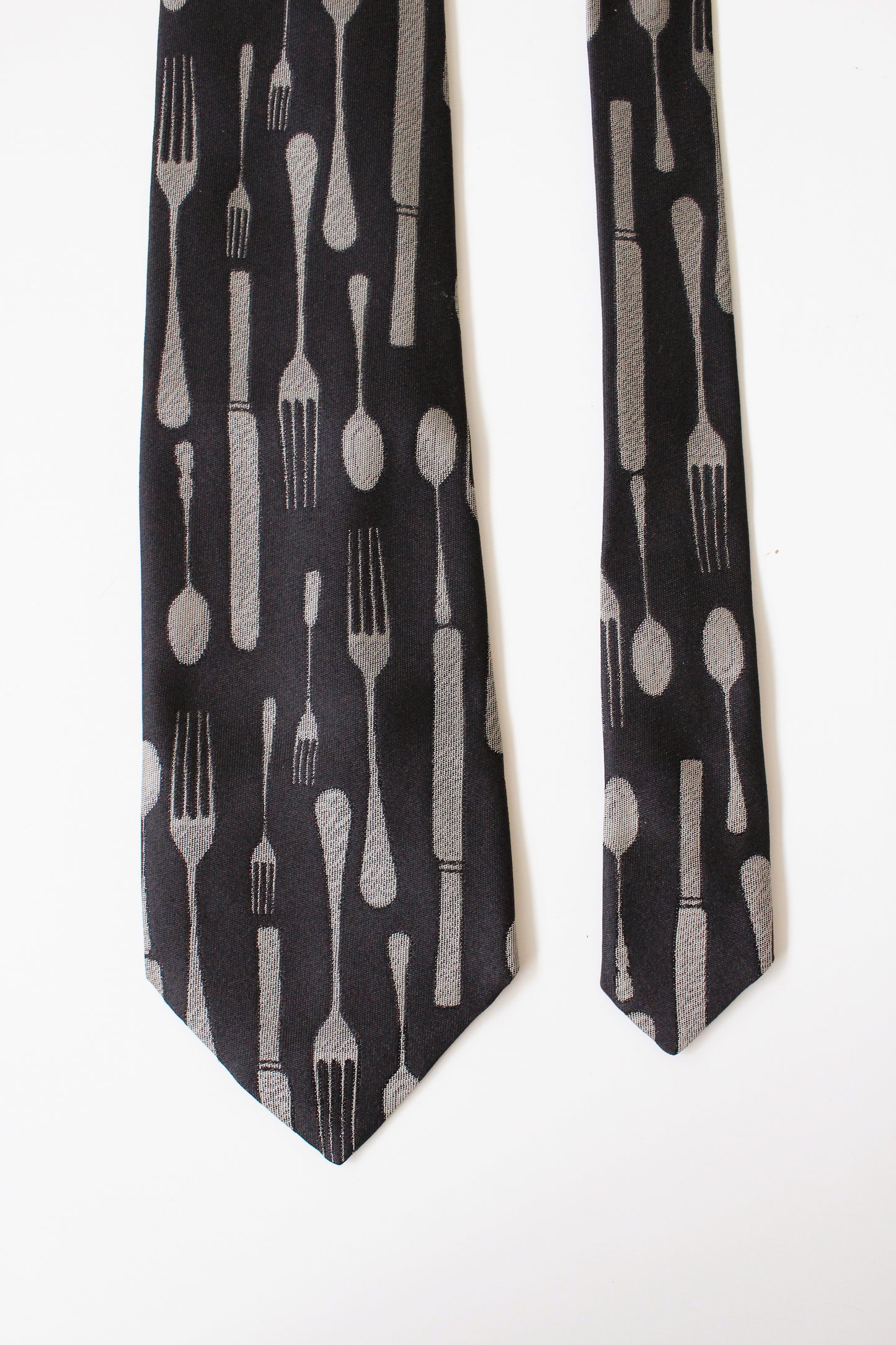 1990s Moschino Black And Silver Utensil Silk Designer Tie