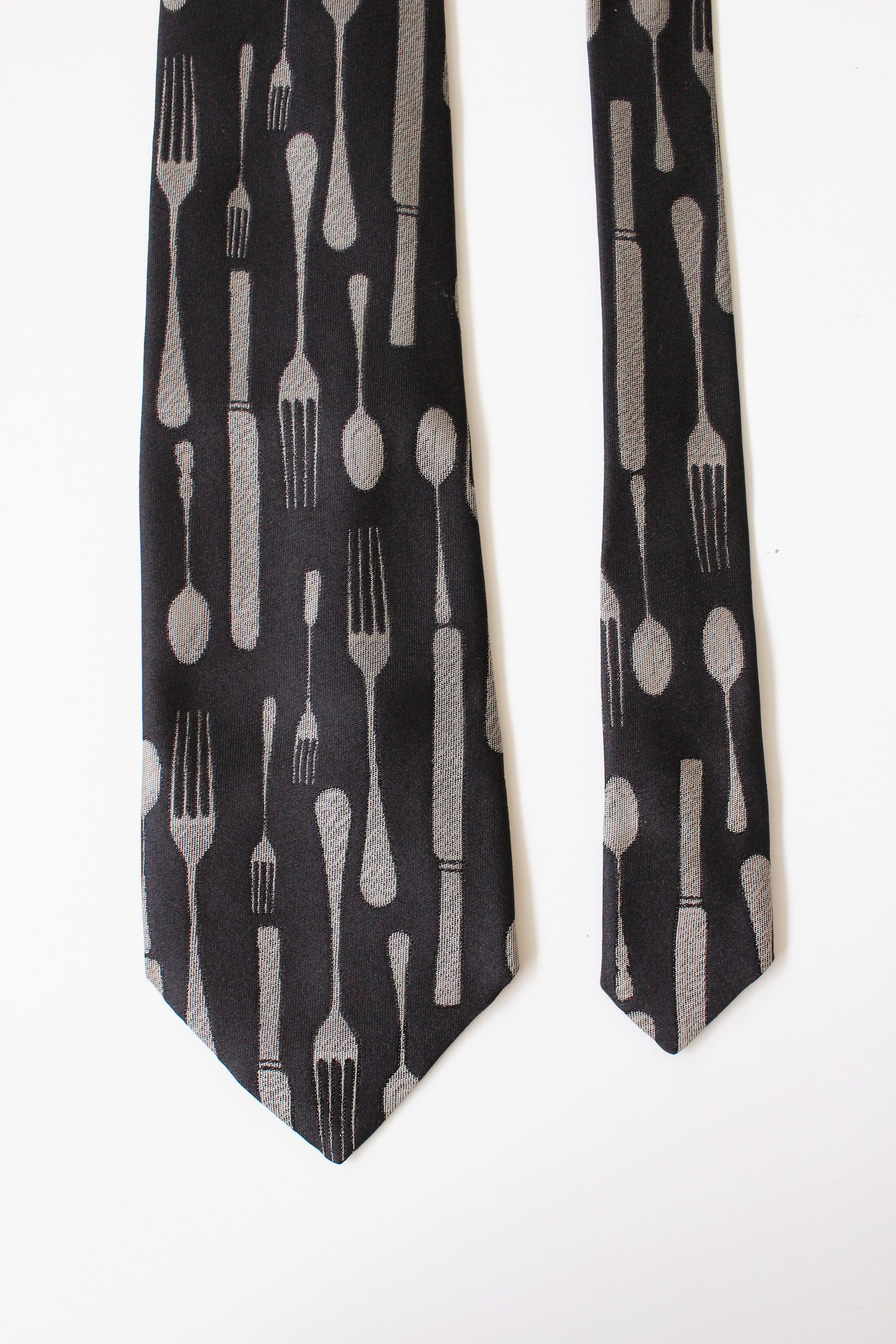 1990s Moschino Black And Silver Utensil Silk Designer Tie