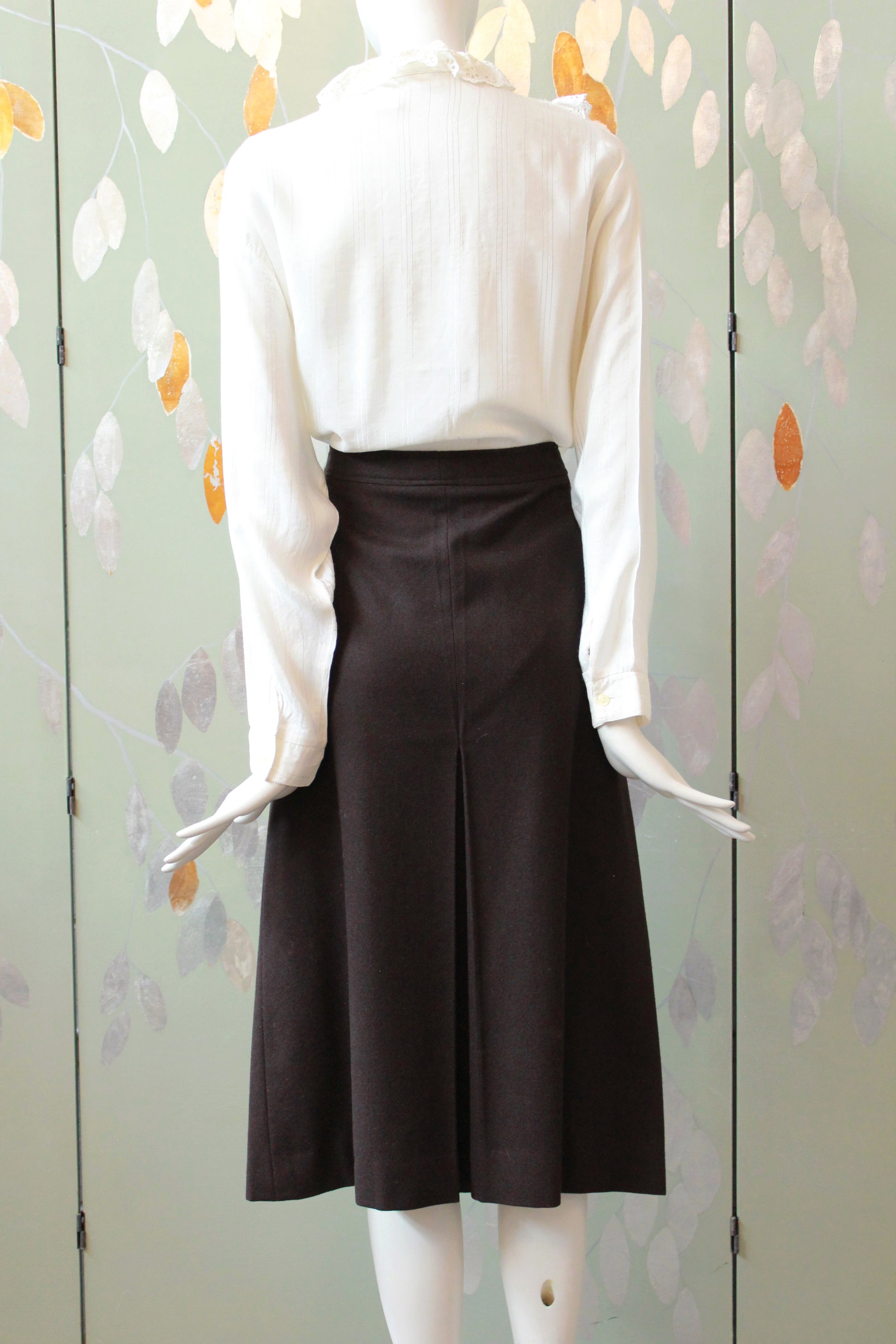 1970s YSL Brown A Line Kick Pleat Wool Skirt, Large 