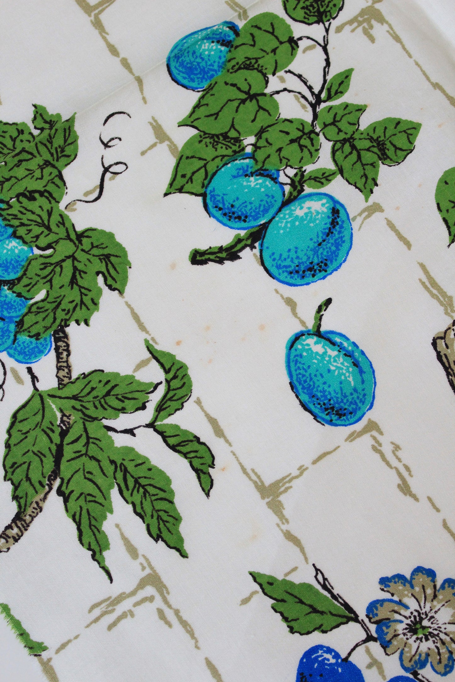 1960s Blue And Green Fruit Basket Cotton Sewing Fabric, 2 Yards