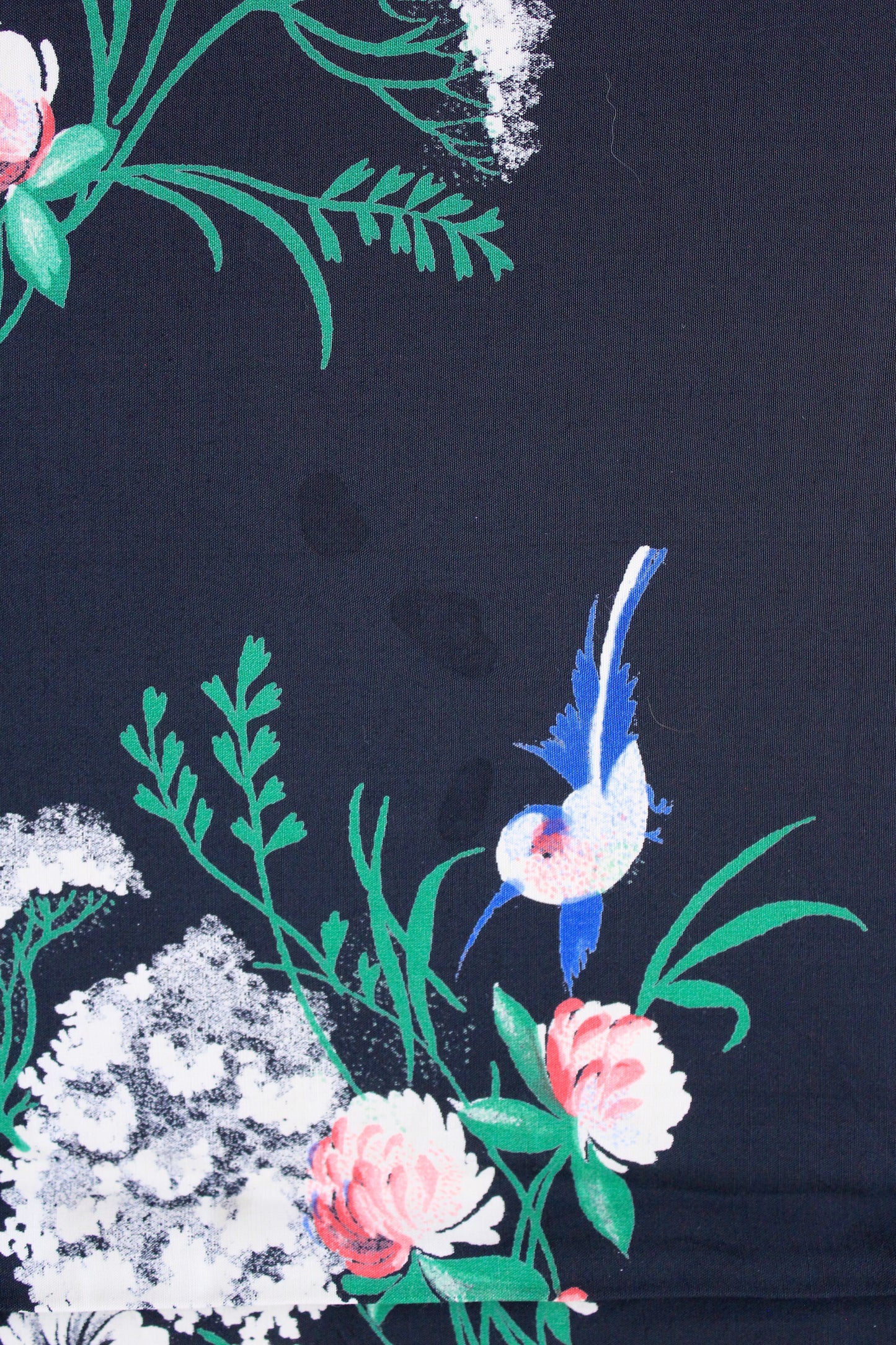 1940s Navy Blue Rayon Fabric With Hummingbirds Flying Though Flowers, 4 Yards