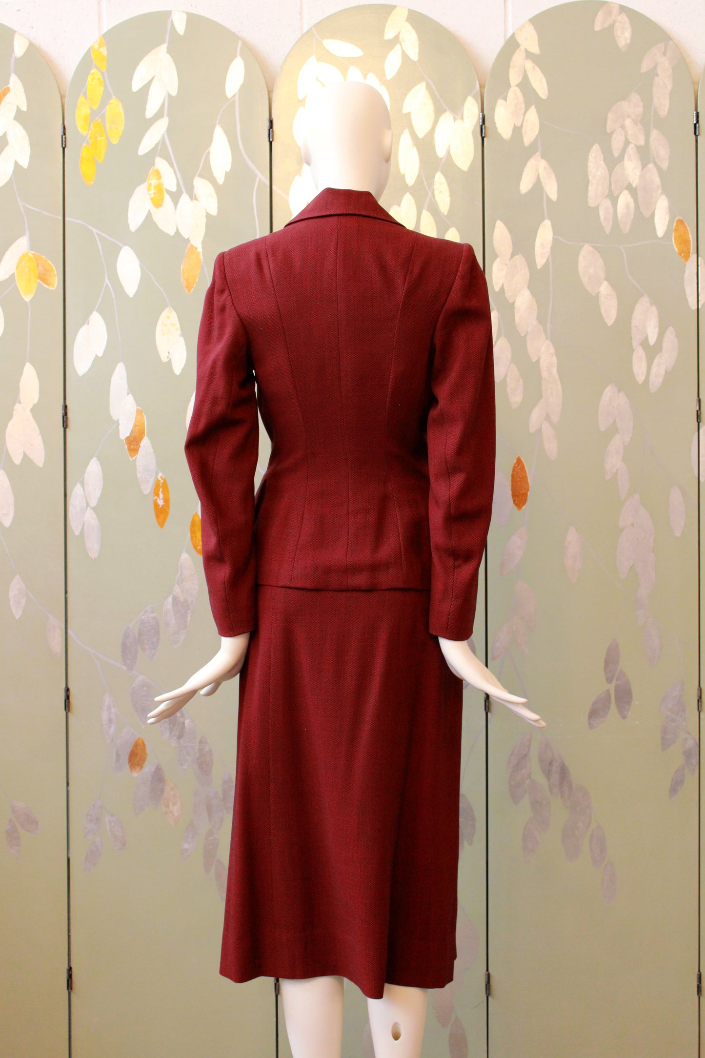 Vintage 1950s Fitted Deep Red Skirt Suit Set, Fall Suit XS