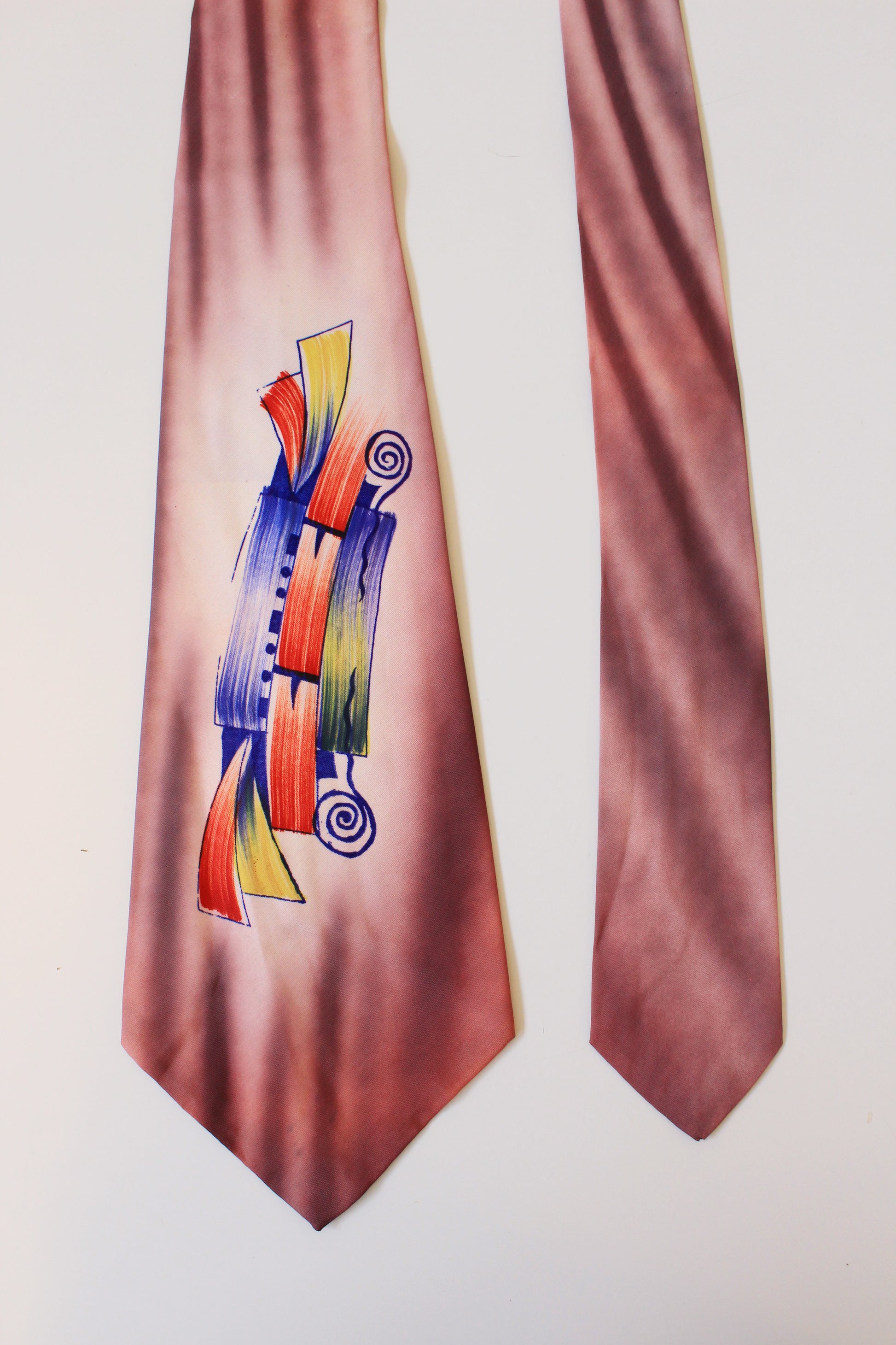 Vintage Late 1940s Rayon Burgundy Primary Colours Abstract Hand-Painted Tie, Painted In Hollywood