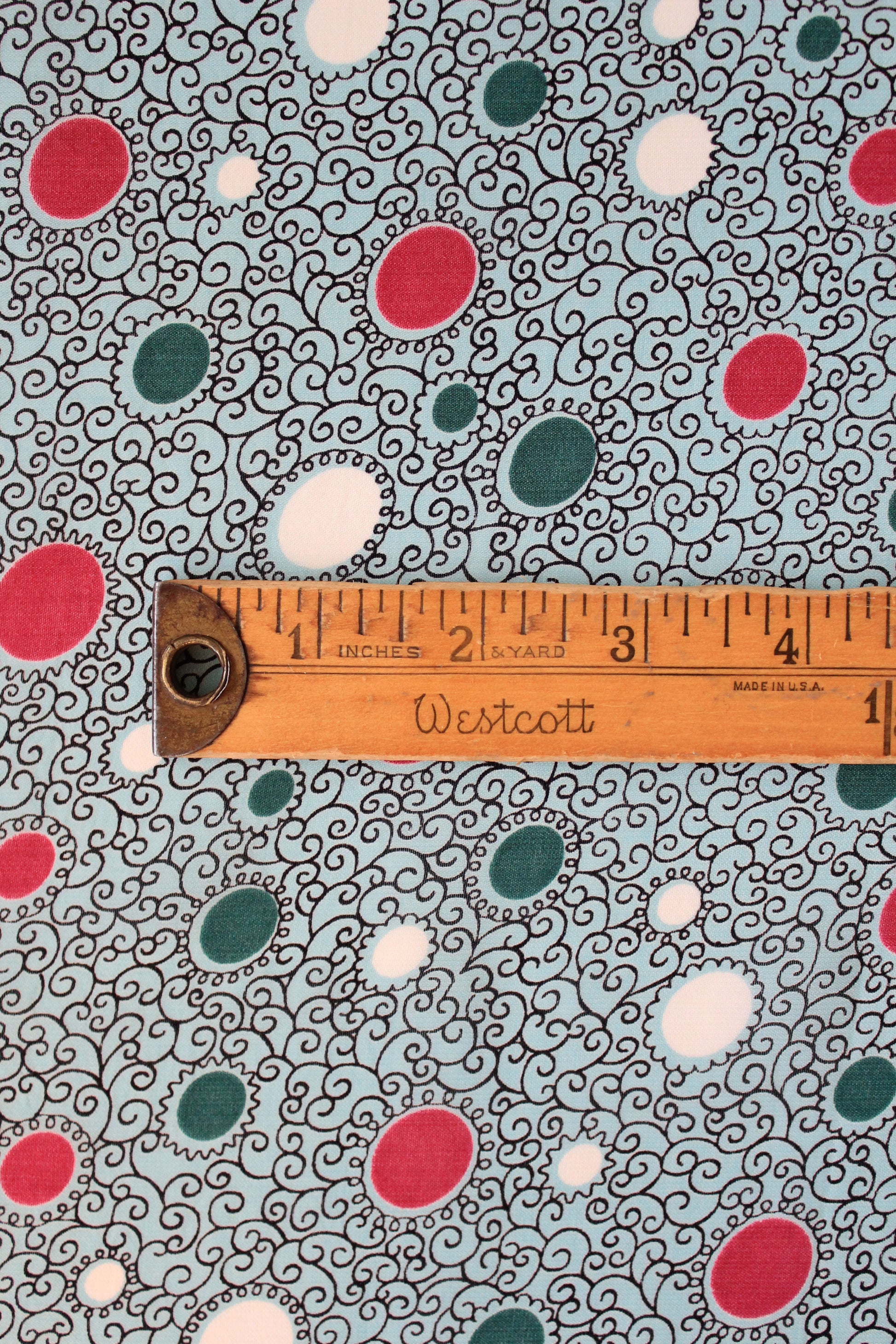 1940s Turquoise With Magenta And White Circles Rayon Fabric , 3.7 Yards