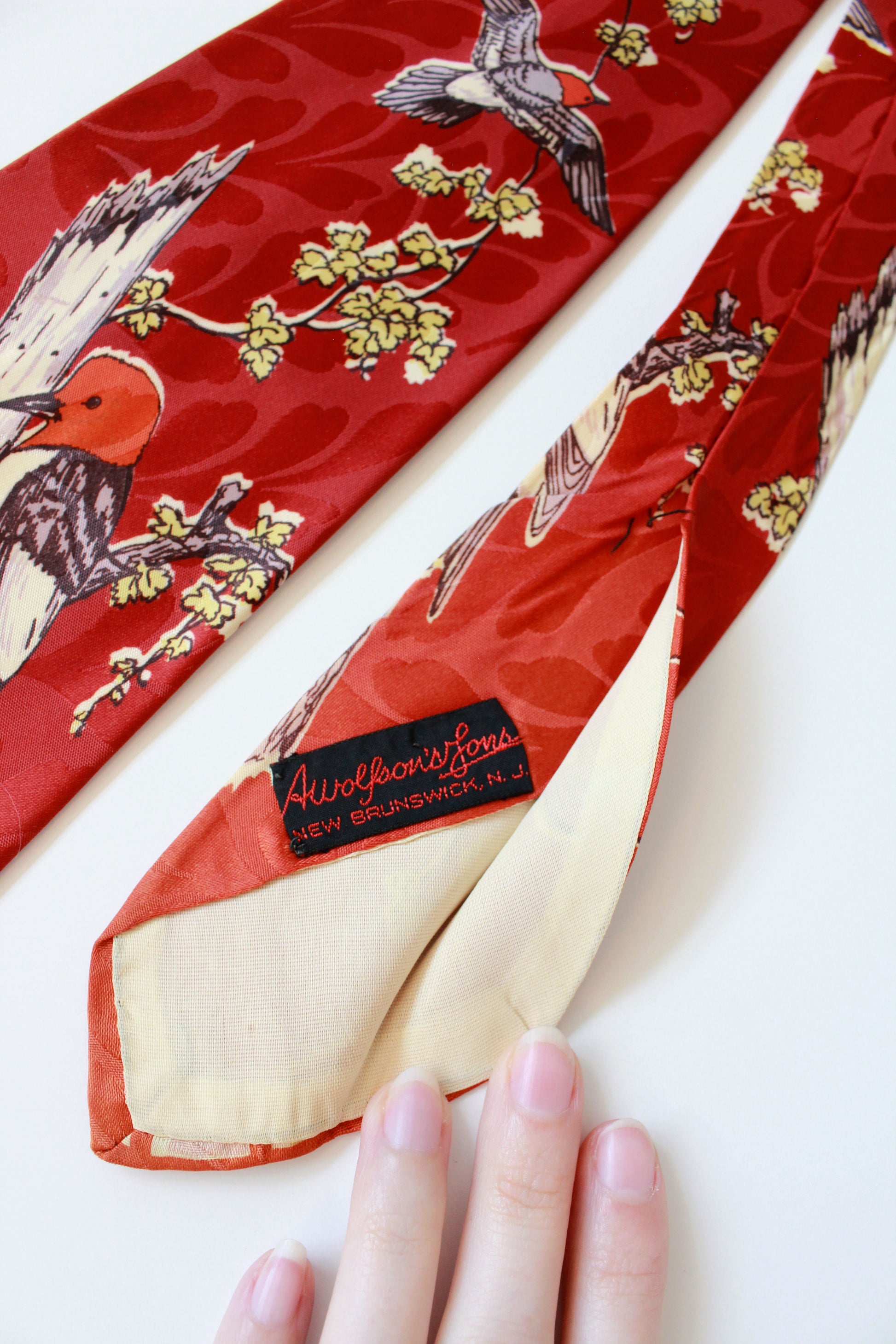 Vintage 1940s Red Headed Woodpecker Rayon Tie