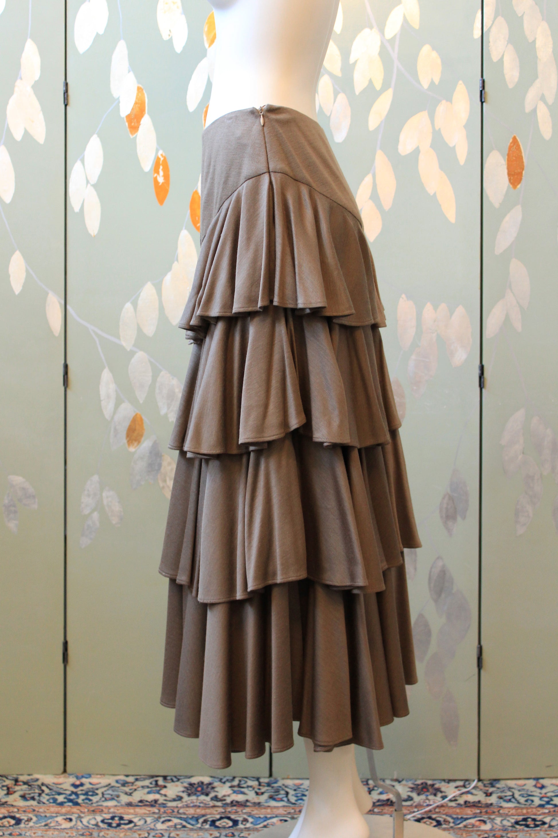 1980s Mariola Mayer Dark Taupe 3PC, Ruffle Skirt/Top/Jacket Matching Set, Small/Medium