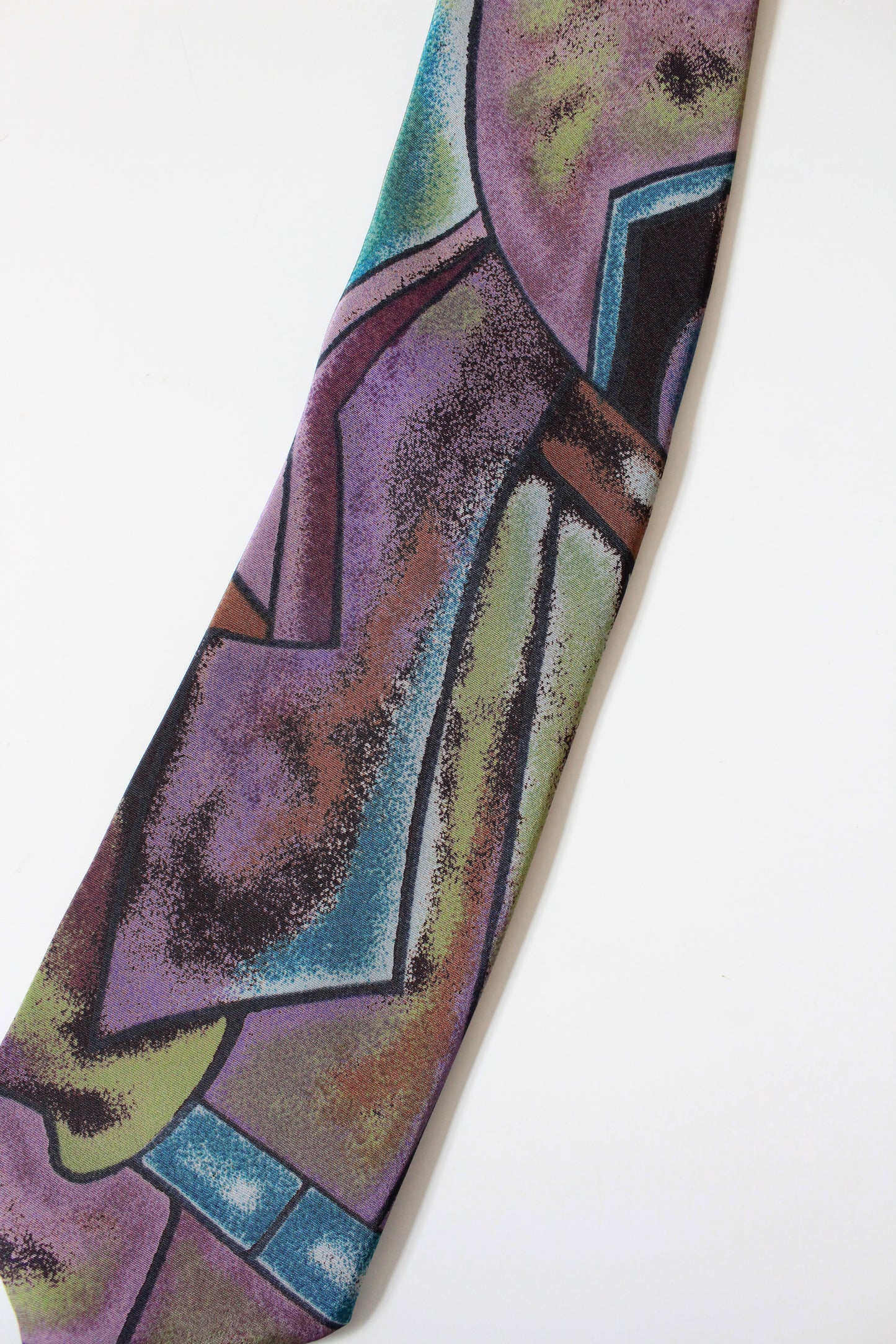1990s Abstract Geometric Print Purple And Green Tie 