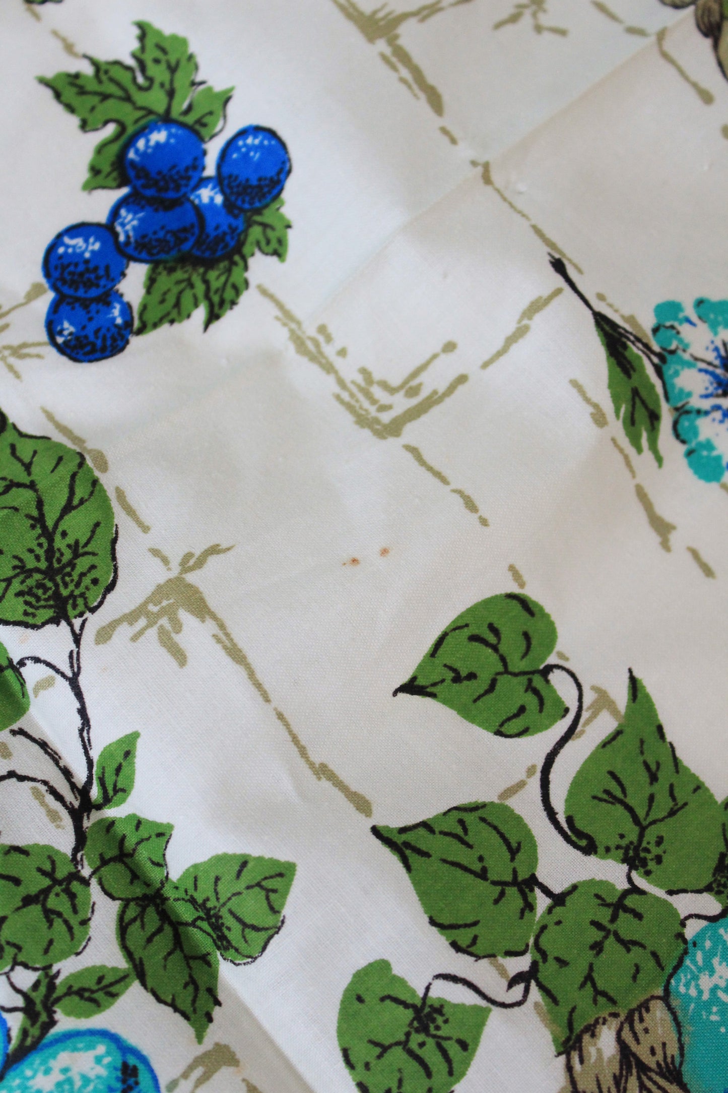 1960s Blue And Green Fruit Basket Cotton Sewing Fabric, 2 Yards