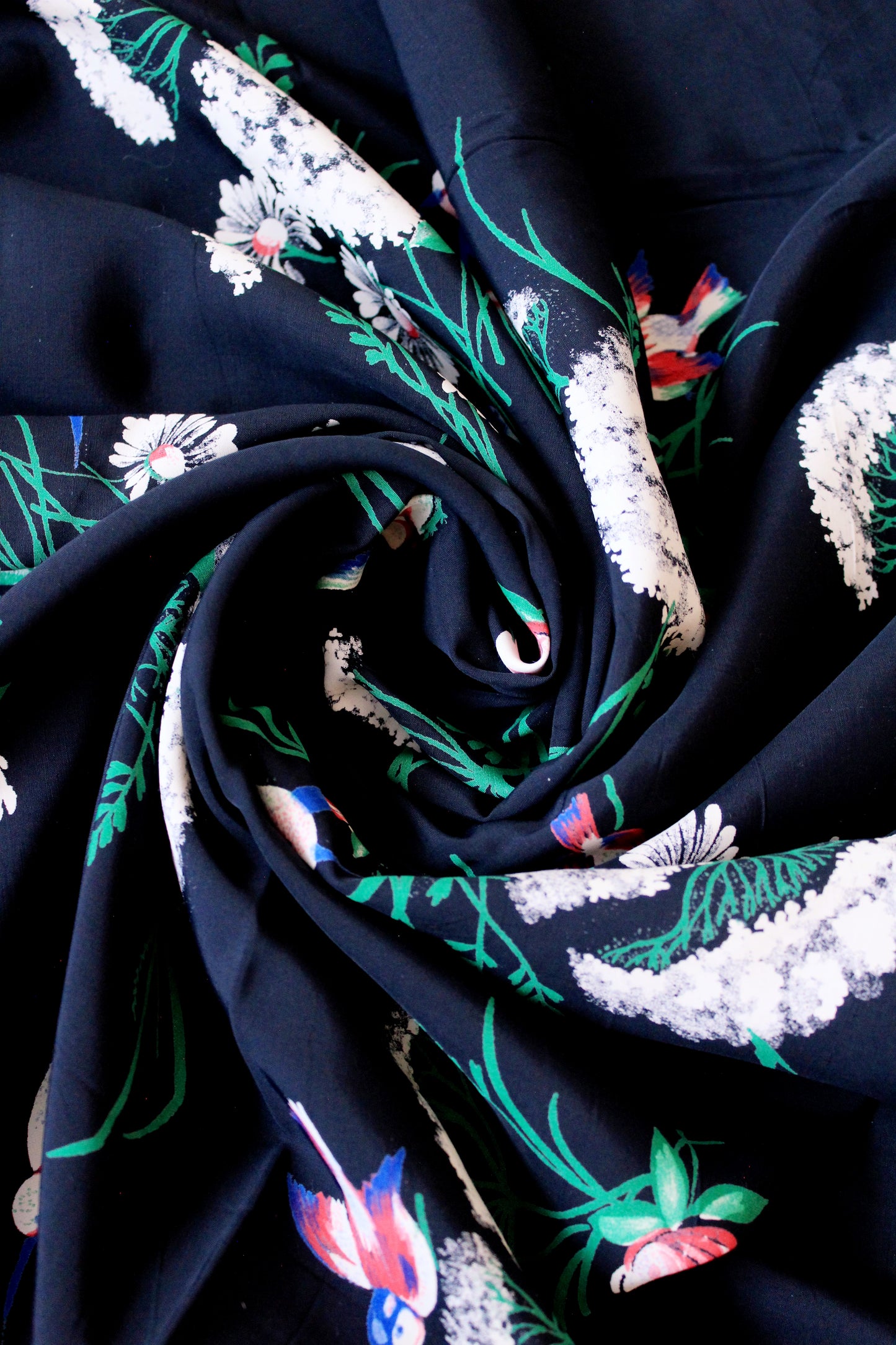 1940s Navy Blue Rayon Fabric With Hummingbirds Flying Though Flowers, 4 Yards
