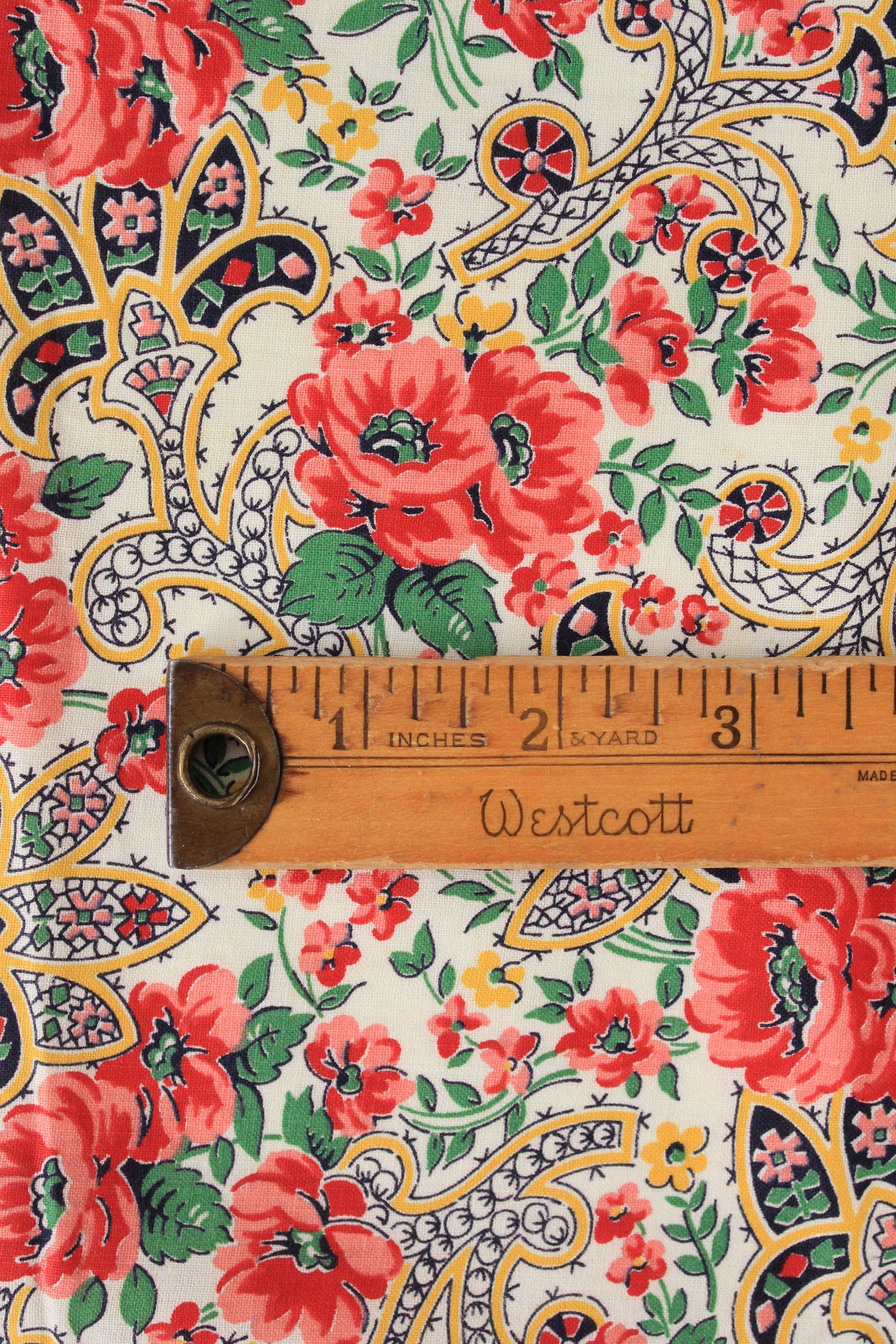 1950s White Red/Yellow/Green Paisley And Floral Print Cotton Sewing Fabric, 2.2 Yards