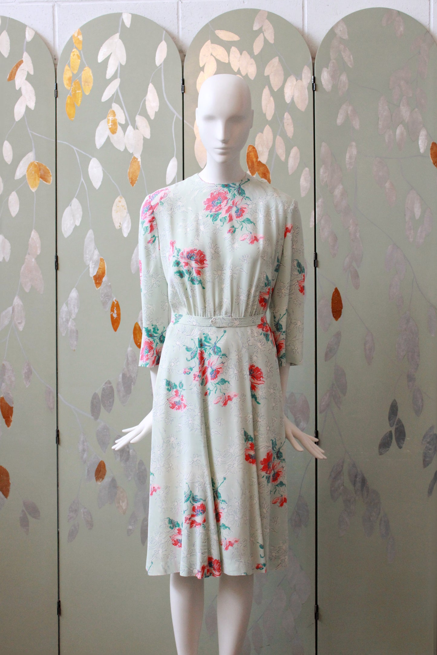1940s  Pastel Teal Rayon Dress With Coral Flowers, Small/Medium 