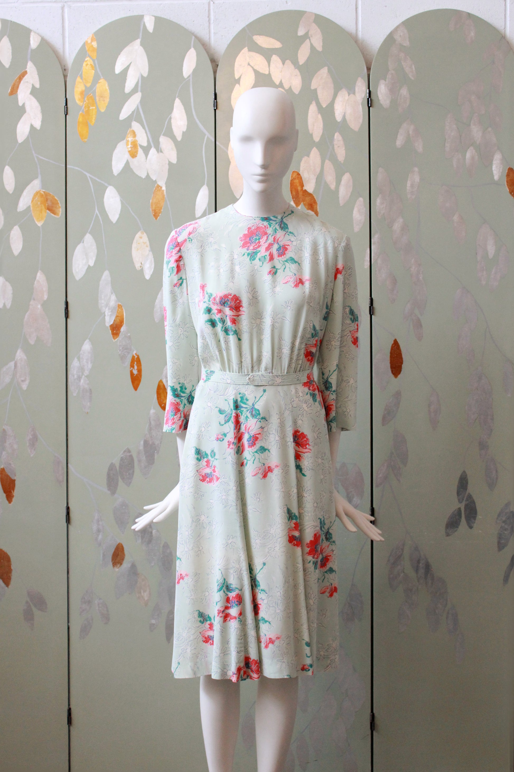 1940s  Pastel Teal Rayon Dress With Coral Flowers, Small/Medium 