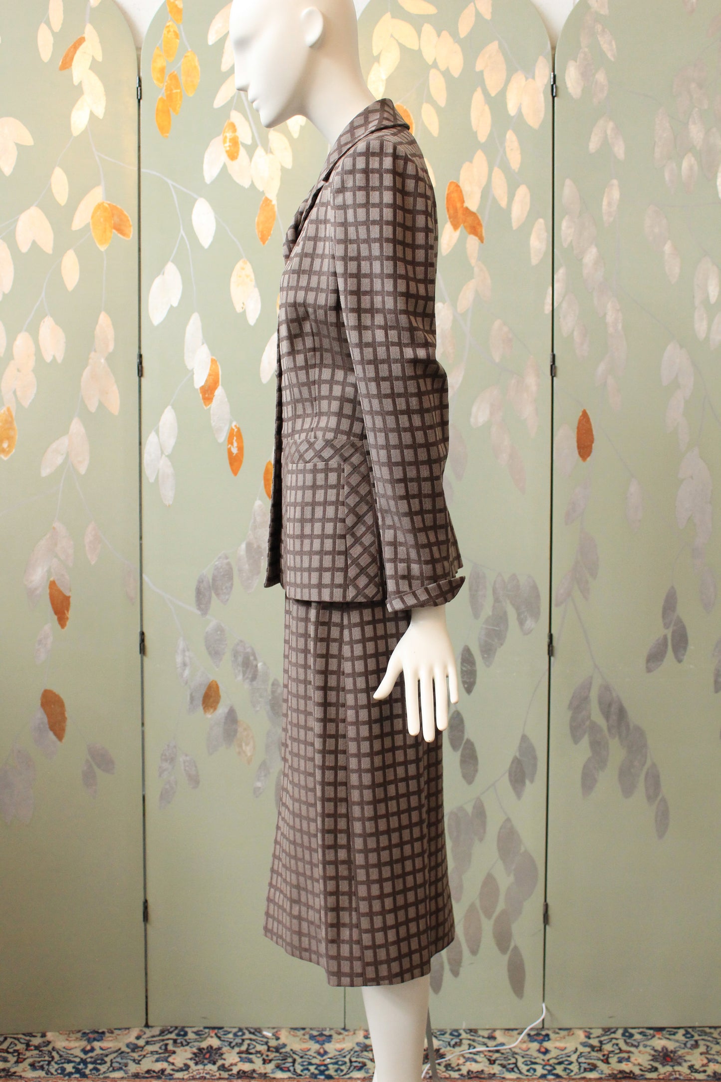 Vintage 1950s Purple And Taupe Checkered Skirt Suit Set, XS