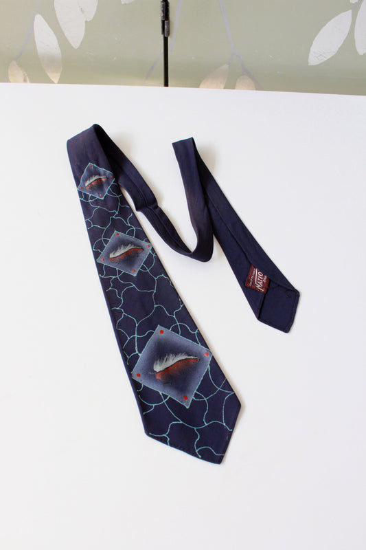 Vintage Late 1940s Hand Painted Rayon Blue Leaf Tie