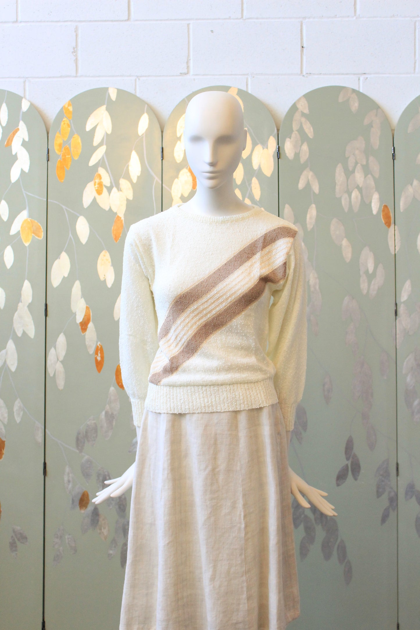 1980s Cream Diagonal Line Deadstock Bracelet Sleeve length Cream Knit Top, Small