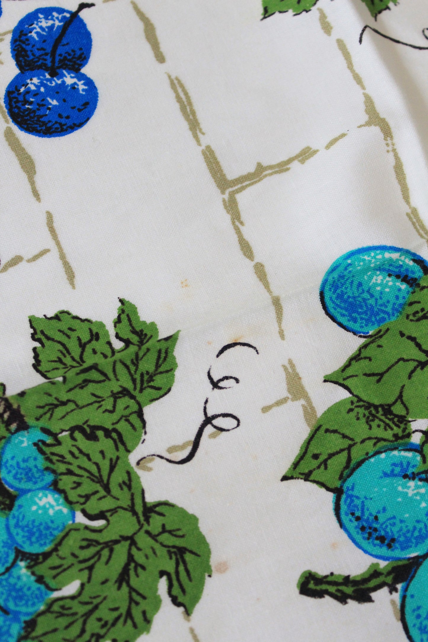 1960s Blue And Green Fruit Basket Cotton Sewing Fabric, 2 Yards