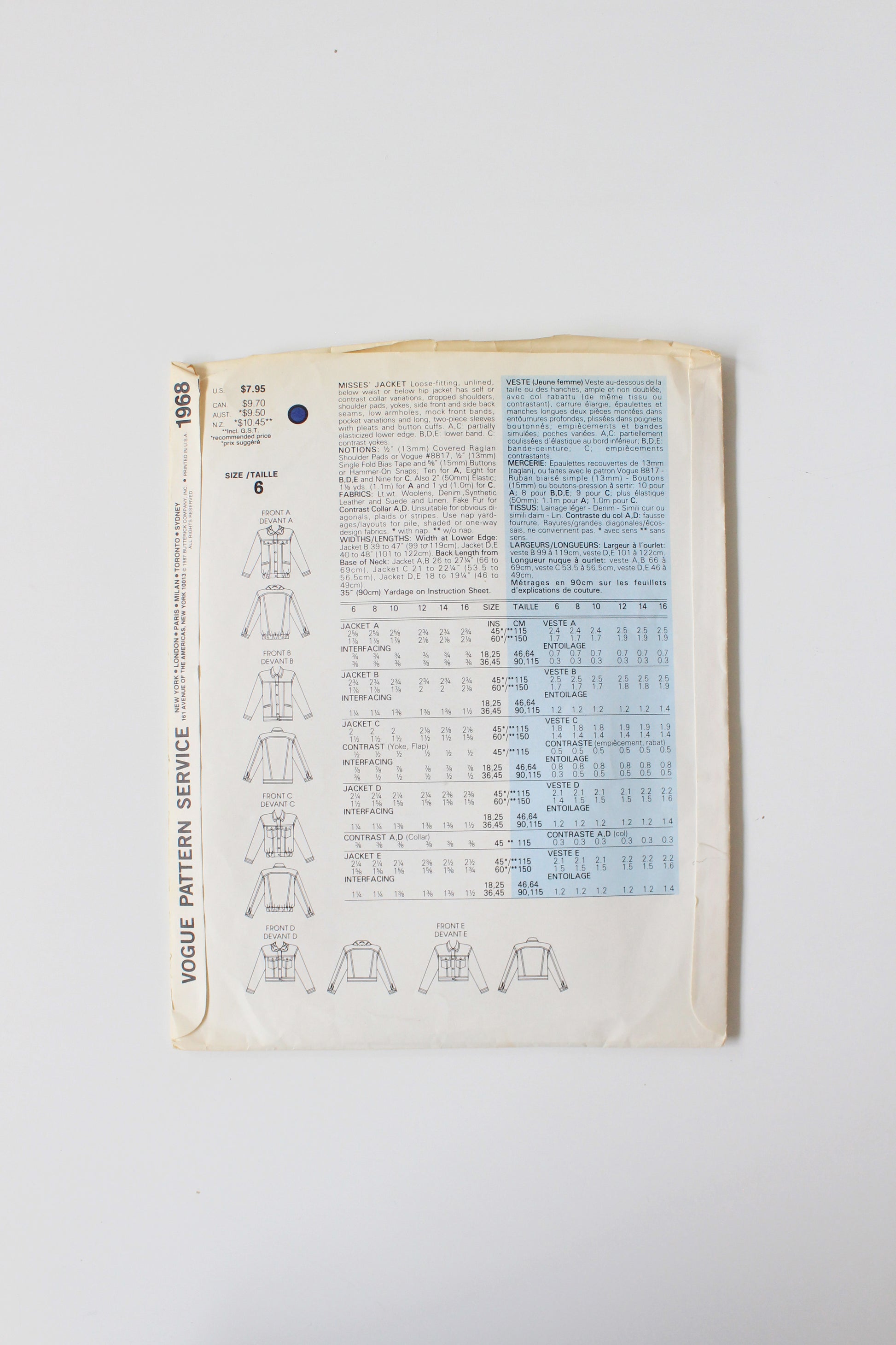 1980s Beginner Easy Miss Jacket Vogue Basic Design 1968 Sewing Pattern, Uncut Size 6