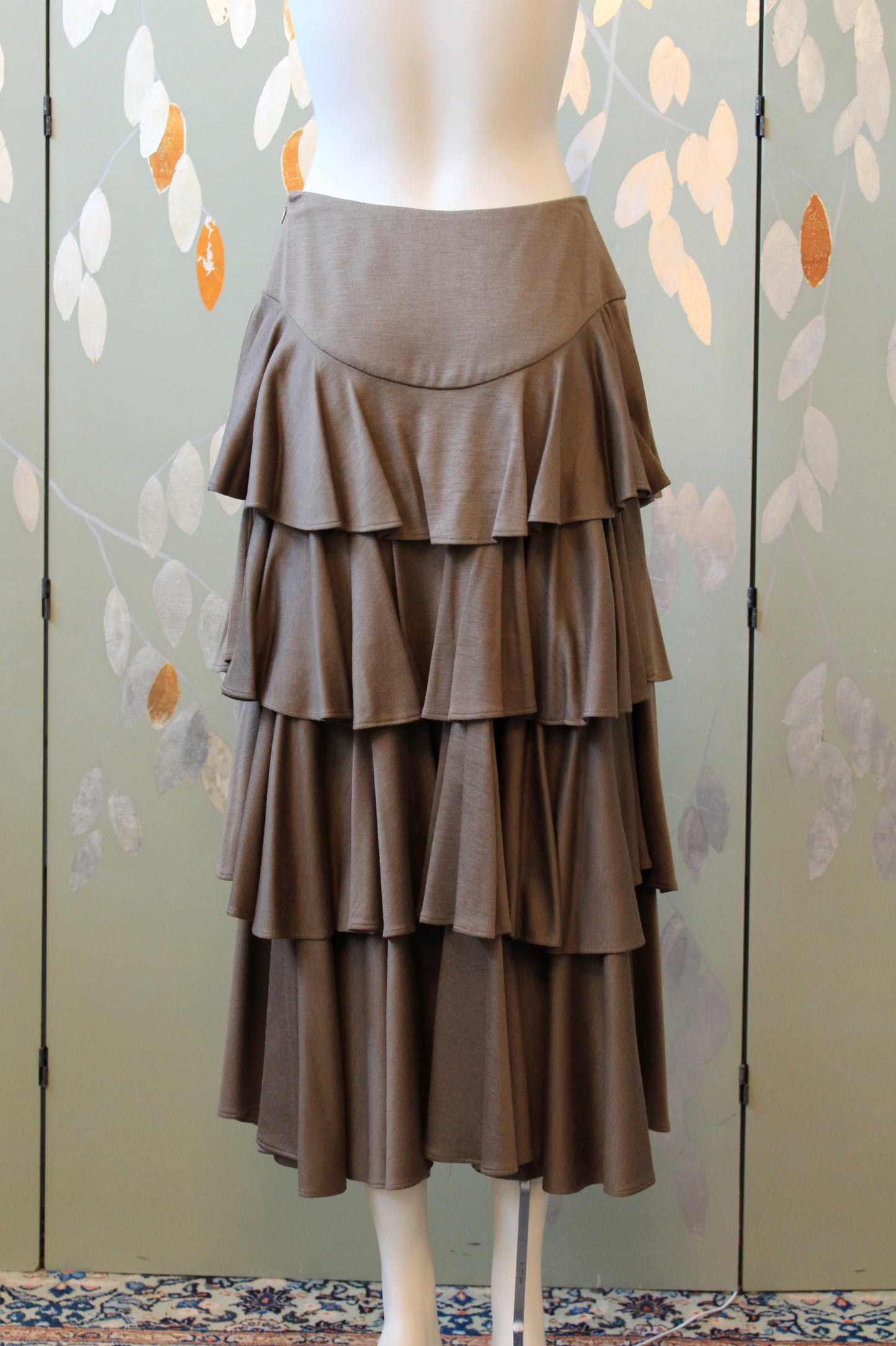 1980s Mariola Mayer Dark Taupe 3PC, Ruffle Skirt/Top/Jacket Matching Set, Small/Medium