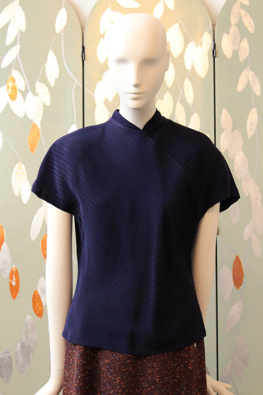 Vintage Post War Late 1940s Navy Blue Blouse With Striped Pintucks, XS/Small