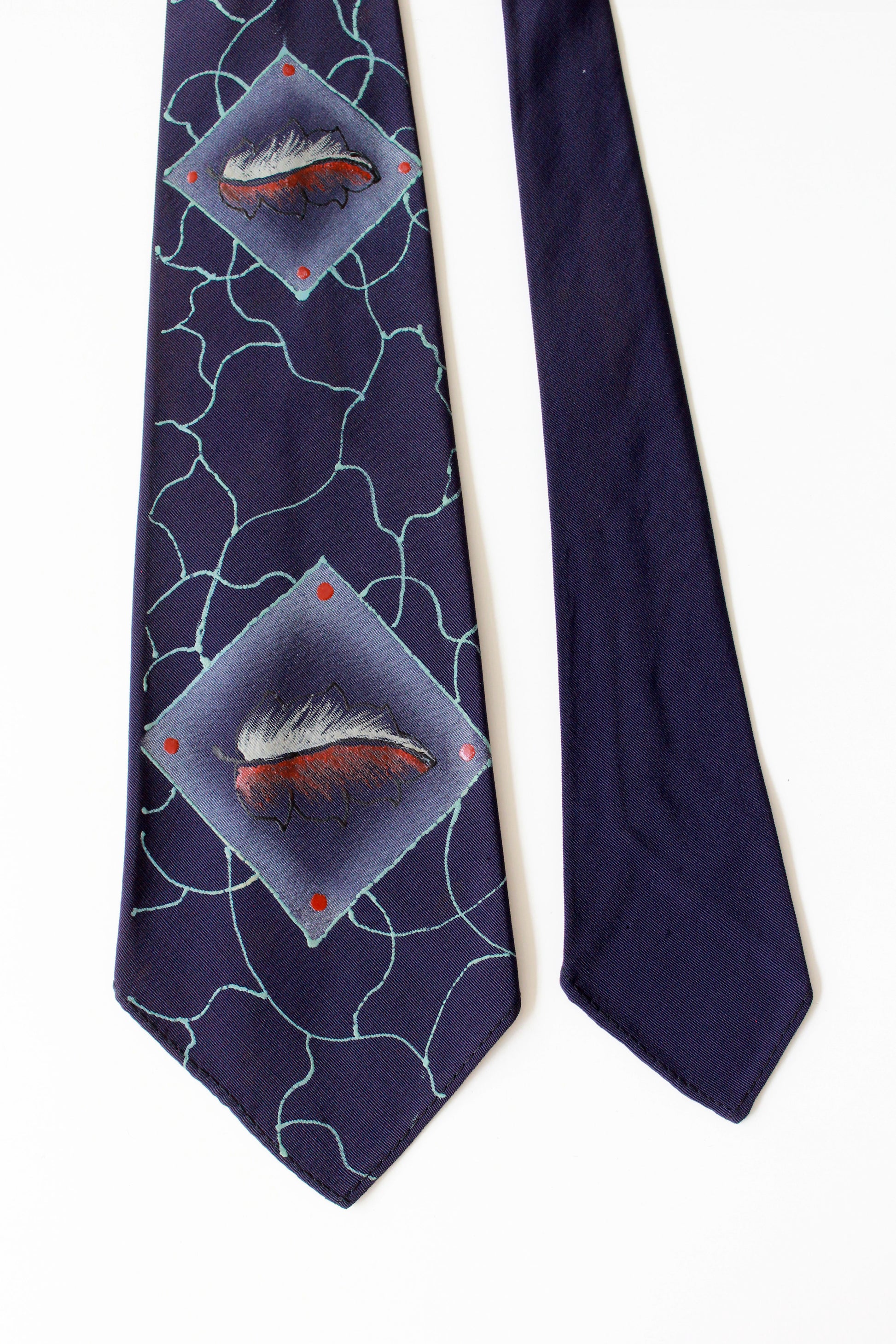 Vintage Late 1940s Hand Painted Rayon Blue Leaf Tie