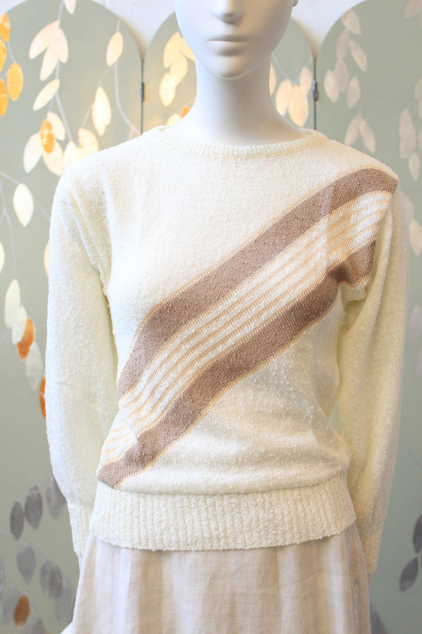 1980s Cream Diagonal Line Deadstock Bracelet Sleeve length Cream Knit Top, Small
