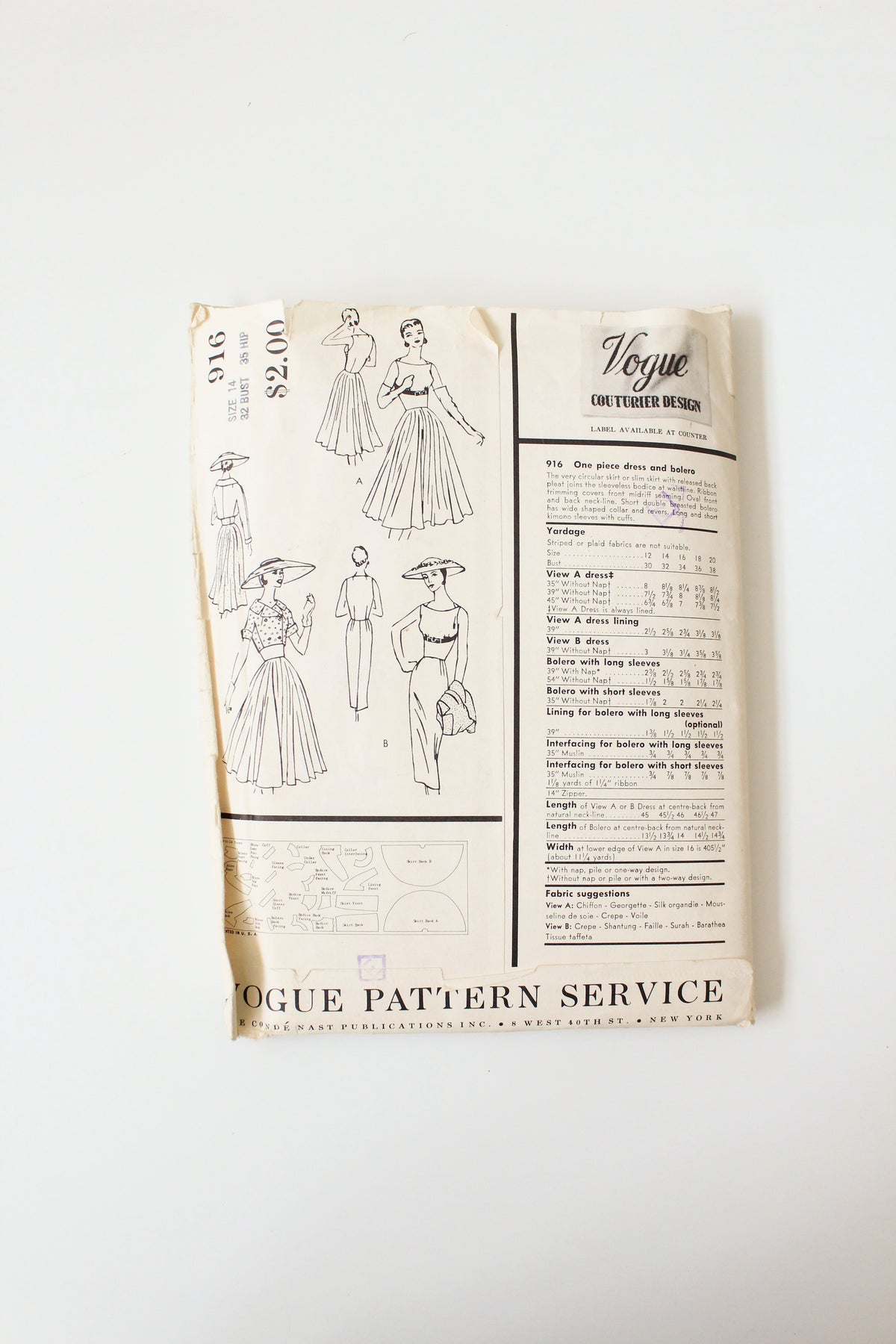 Design Pattern 916 1950s RARE Dress And Bolero Vogue Couturier Design 916 Sewing Pattern ...