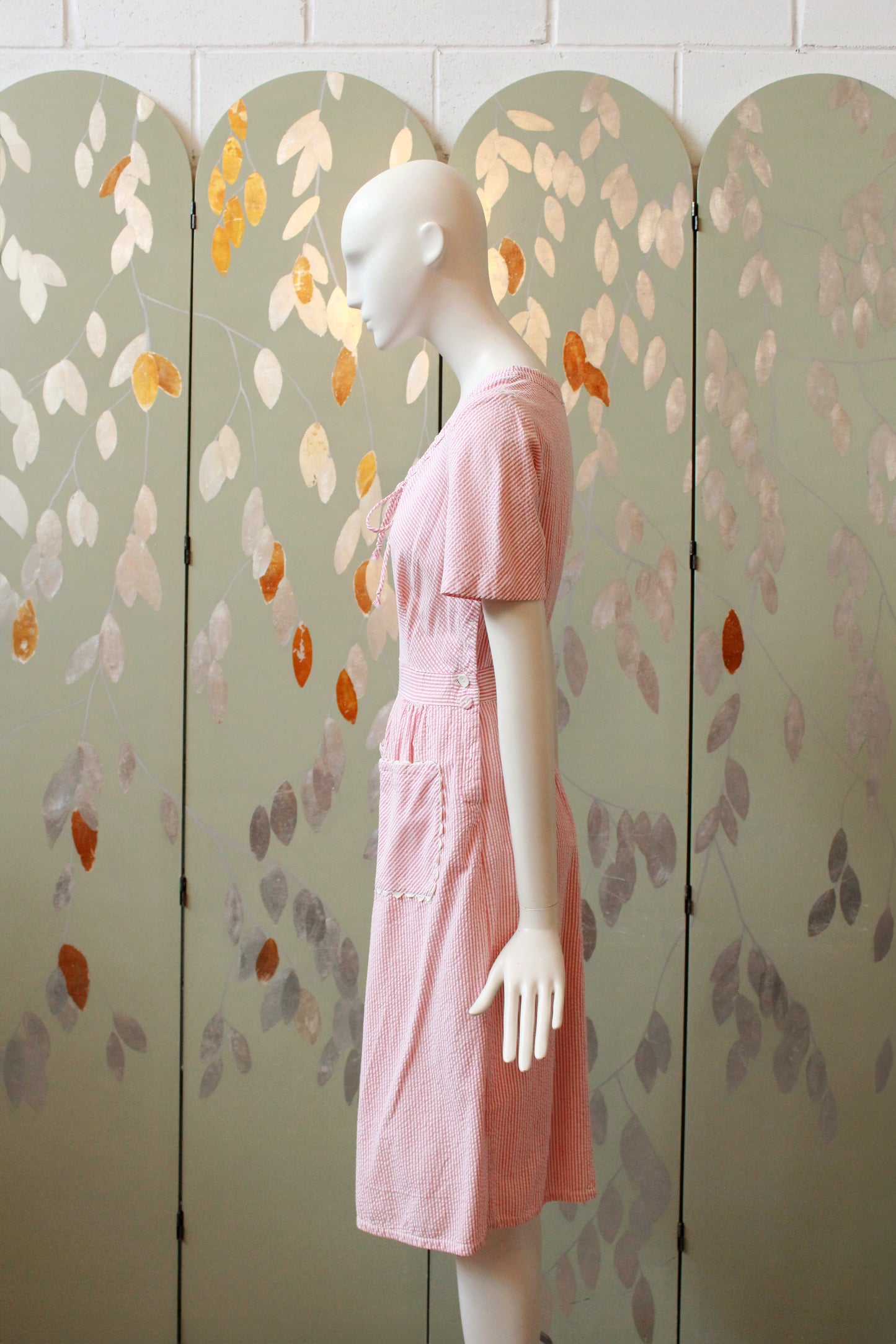 1940s Pink And White Striped Seersucker Dress, Small