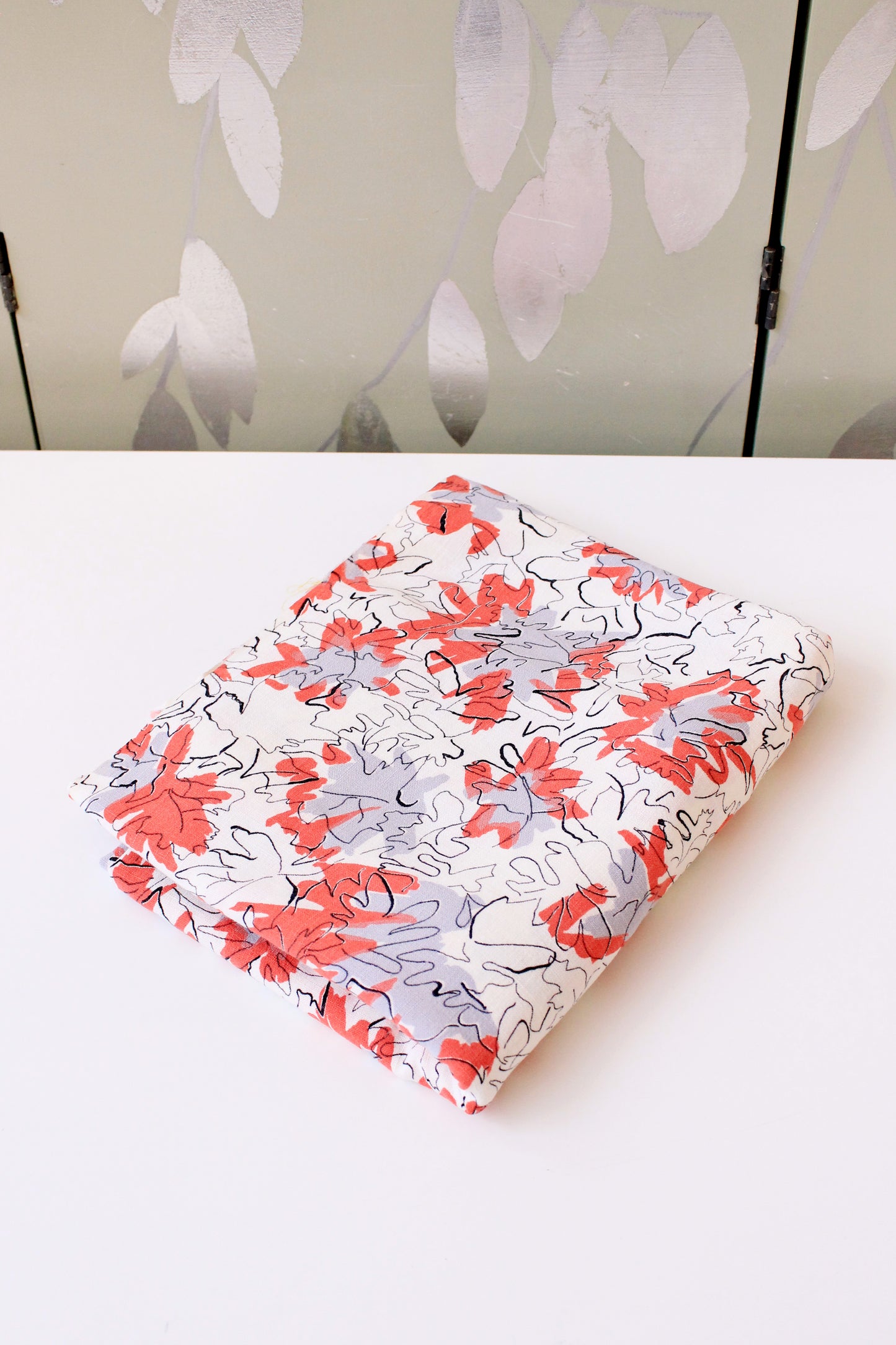 1950s Coral And White Abstract Rayon Fabric, 3 yards