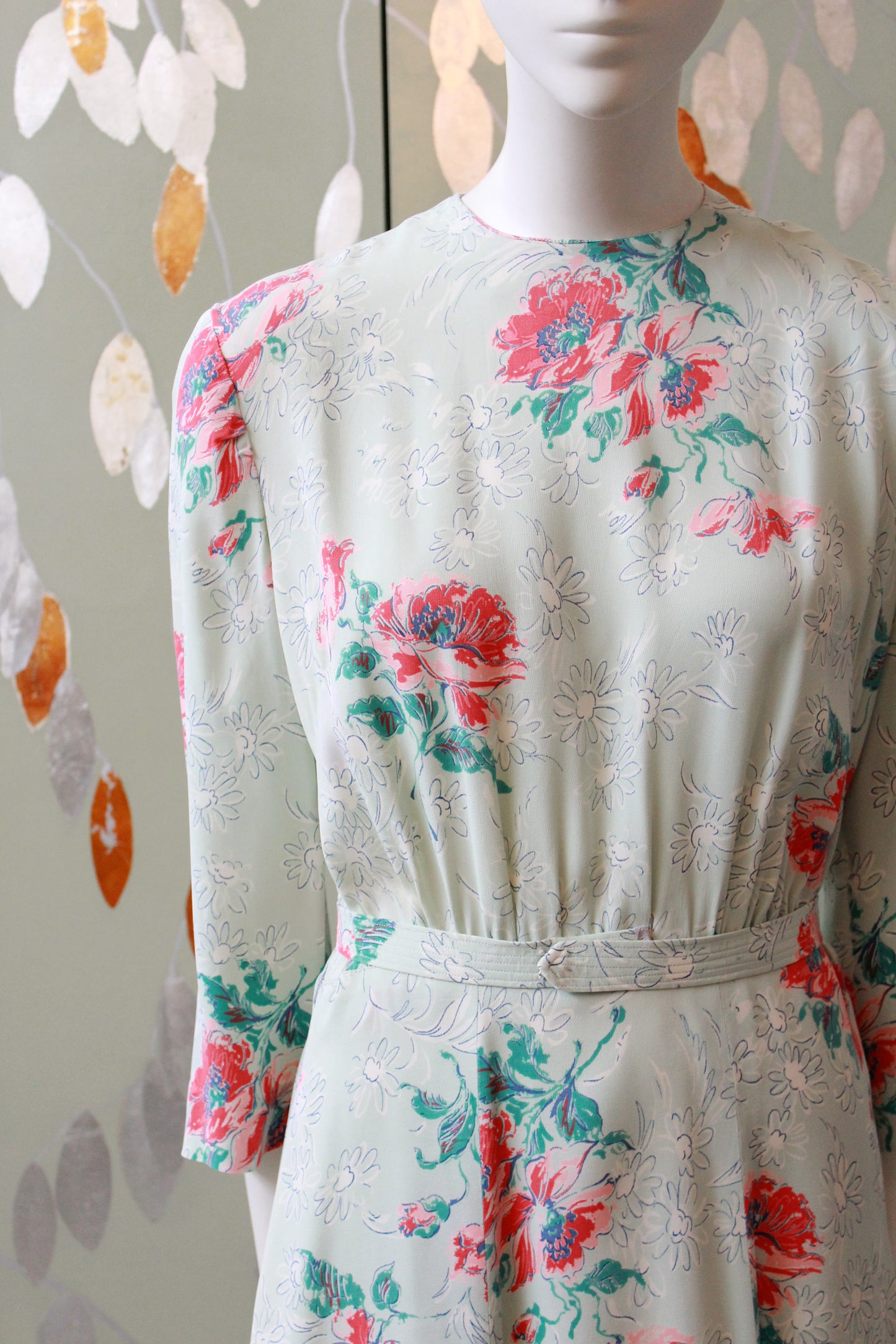 1940s  Pastel Teal Rayon Dress With Coral Flowers, Small/Medium 