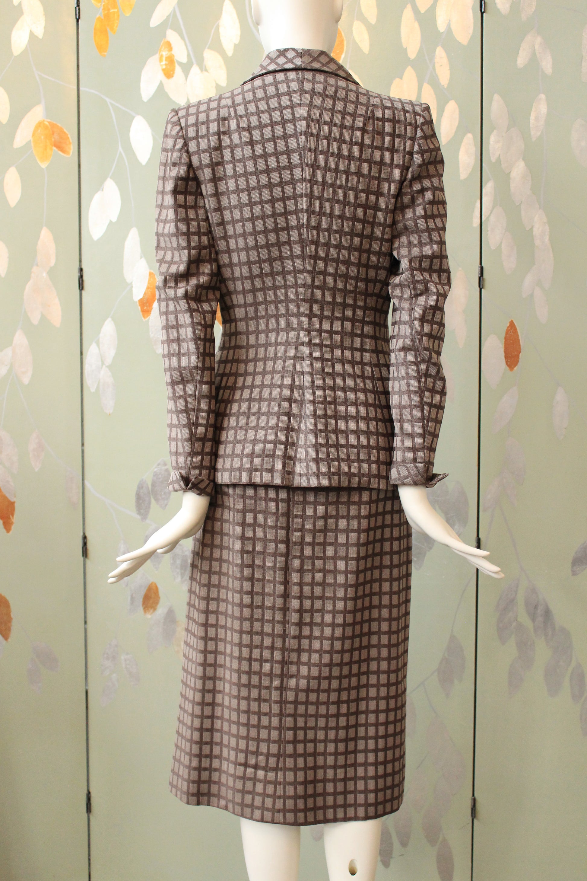 Vintage 1950s Purple And Taupe Checkered Skirt Suit Set, XS