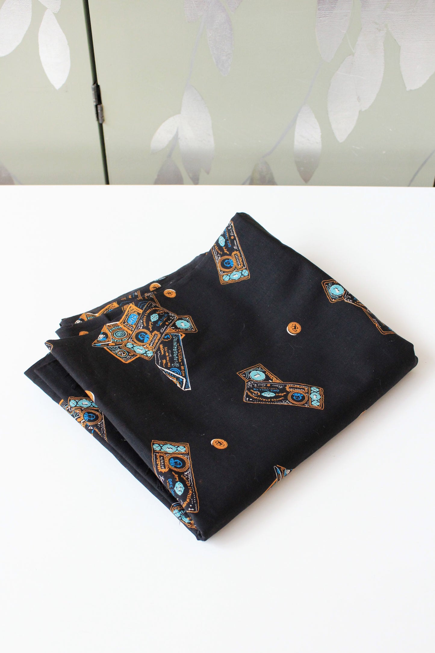 Vintage 1970s Black Cotton Fabric With Novelty USA Dollar Bill Money Print, 4.1 Yards