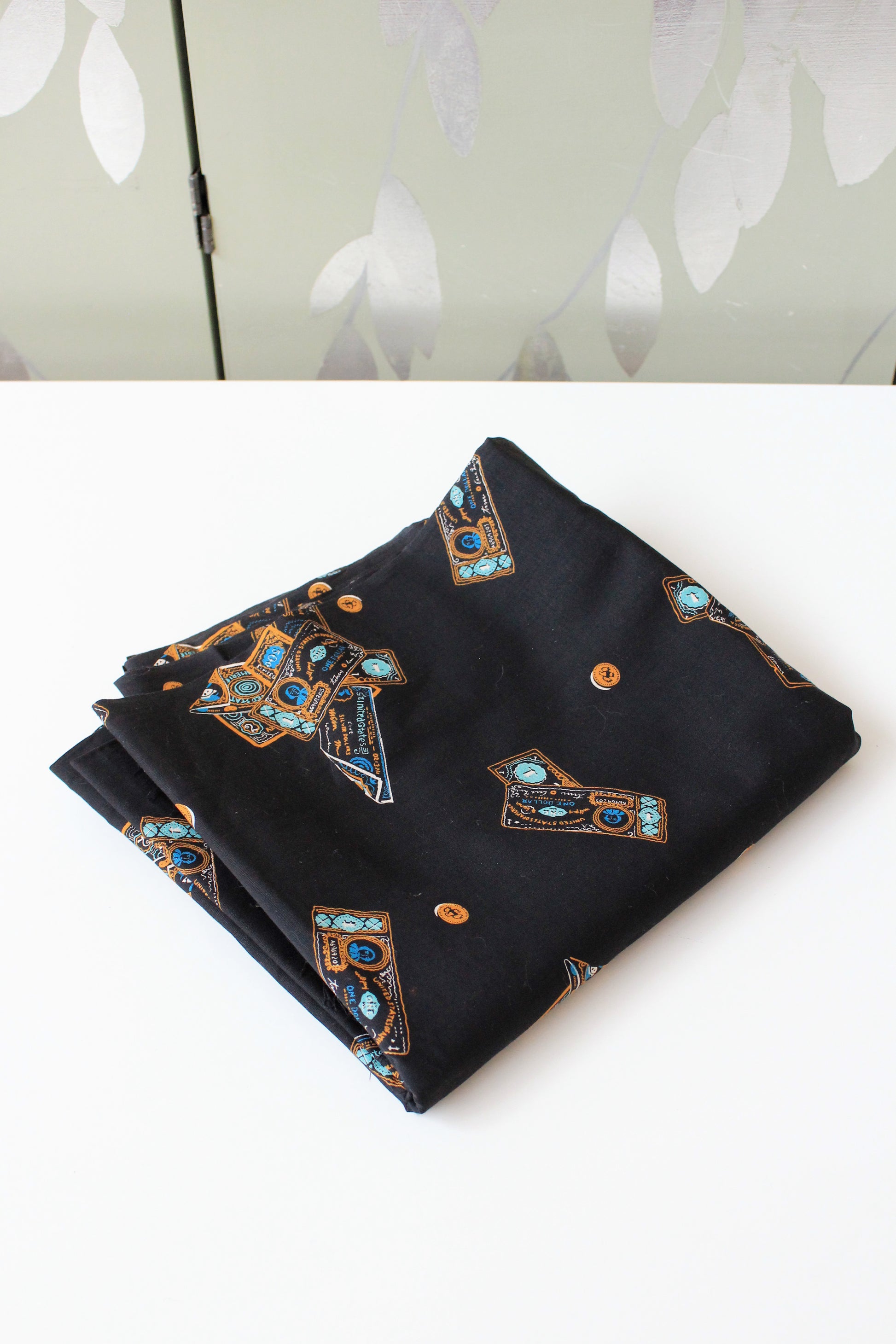 Vintage 1970s Black Cotton Fabric With Novelty USA Dollar Bill Money Print, 4.1 Yards