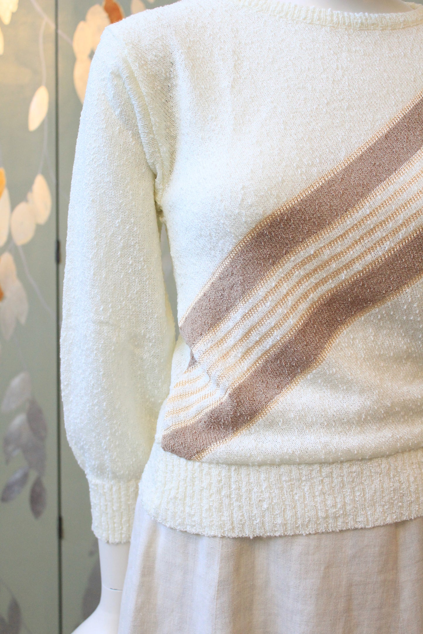 1980s Cream Diagonal Line Deadstock Bracelet Sleeve length Cream Knit Top, Small
