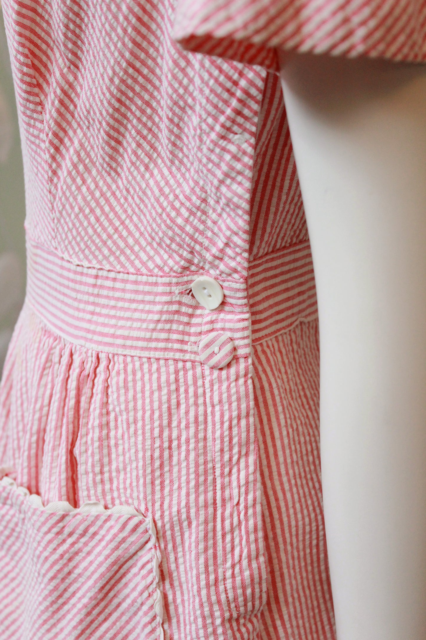 1940s Pink And White Striped Seersucker Dress, Small