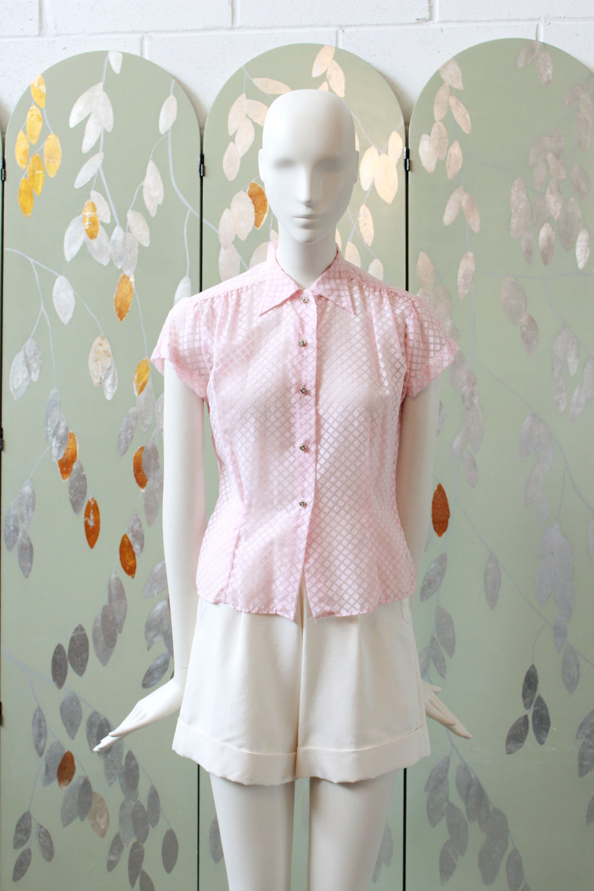 Vintage 1950s Pink Sheer Nylon Button up Short Sleeve Blouse, XS