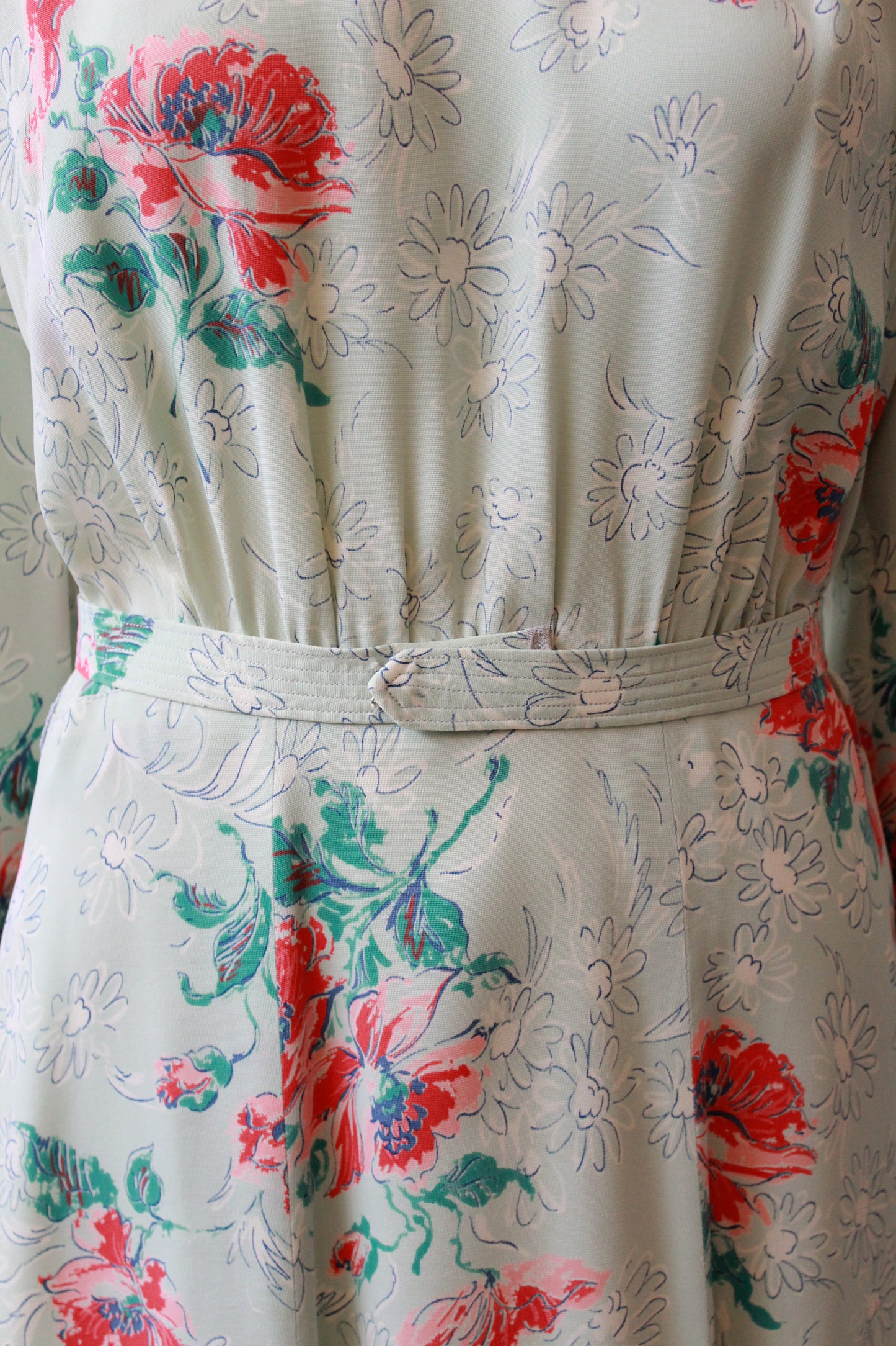 1940s  Pastel Teal Rayon Dress With Coral Flowers, Small/Medium 