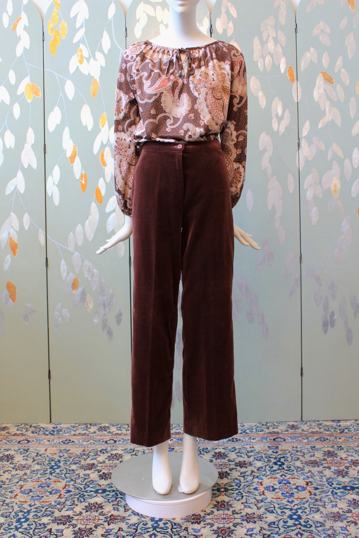 1970s Brown Velvet High Waisted Wide Leg Pants, XS