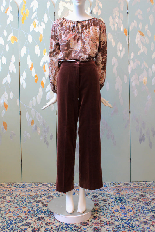 1970s Brown Velvet High Waisted Wide Leg Pants, XS
