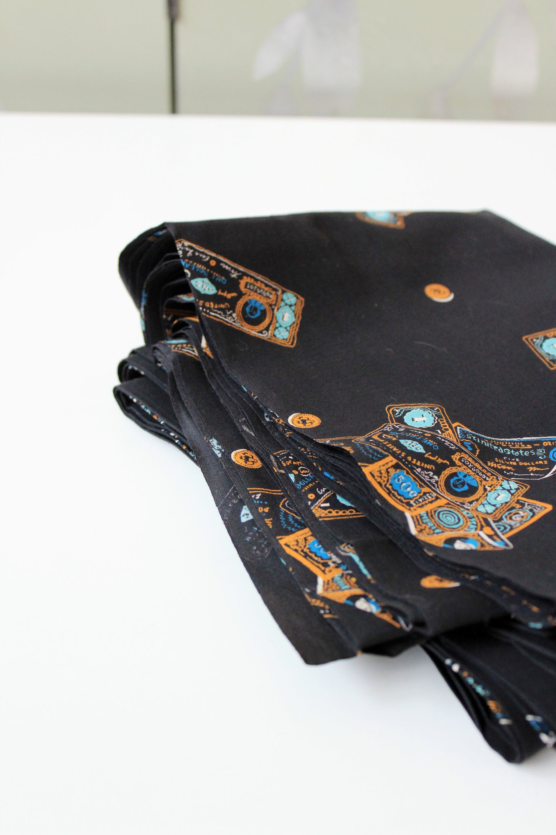 Vintage 1970s Black Cotton Fabric With Novelty USA Dollar Bill Money Print, 4.1 Yards