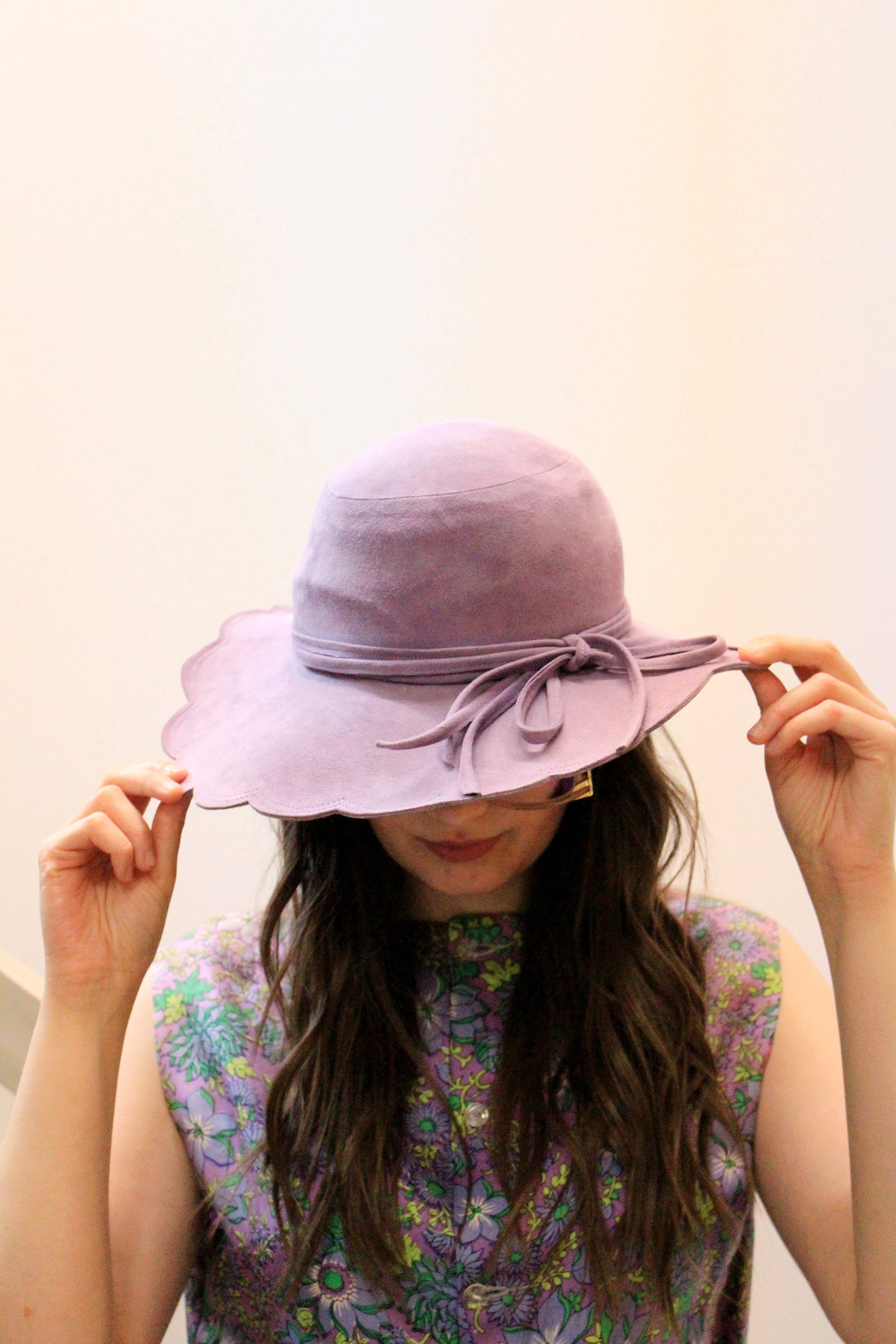 Vintage 1970s Purple Suede Scallop Edge Wide Brim Hat, Small  