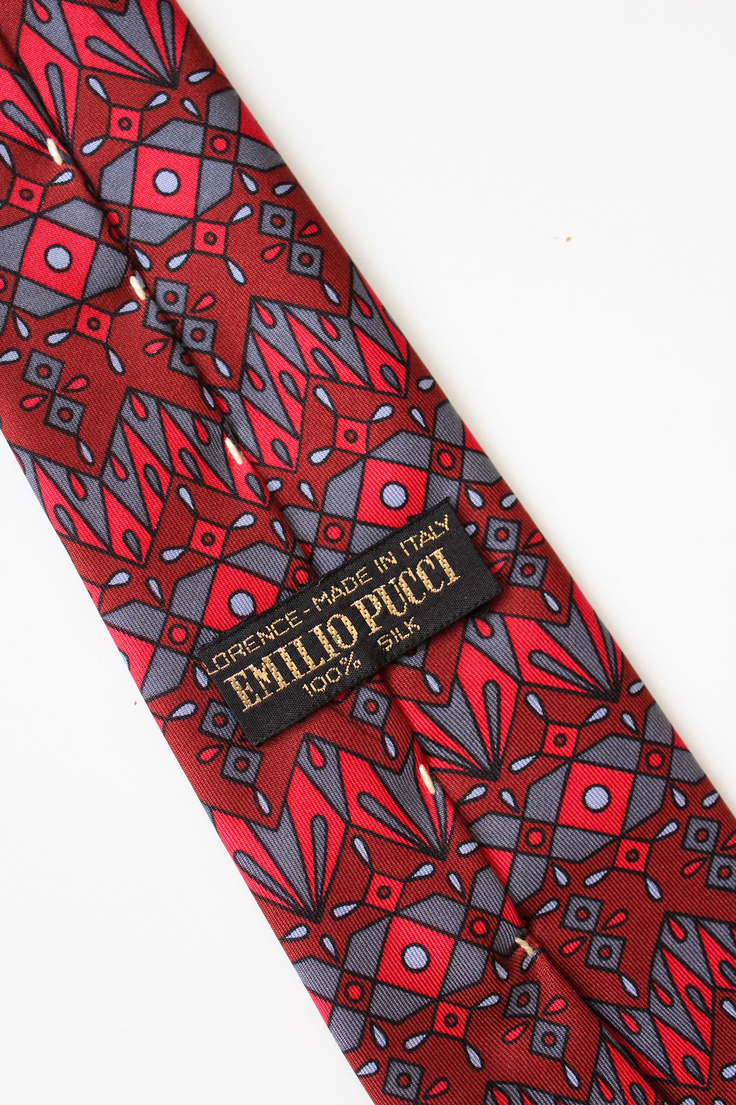 1990s Emilio Pucci Burgundy And Red Geometric Print Designer Silk Tie