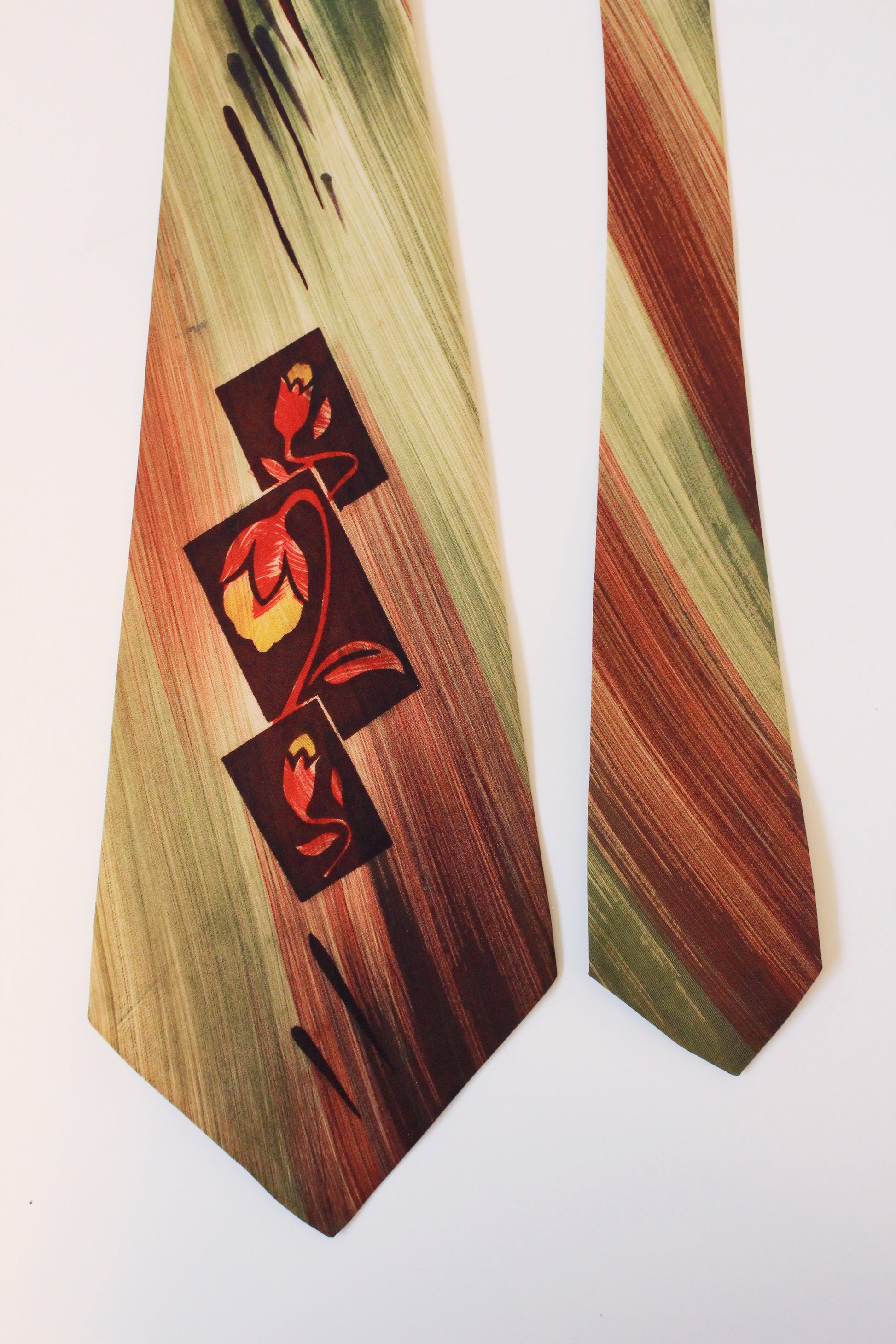 Vintage 1950s Green And Brown Hand Painted Tulip Tie