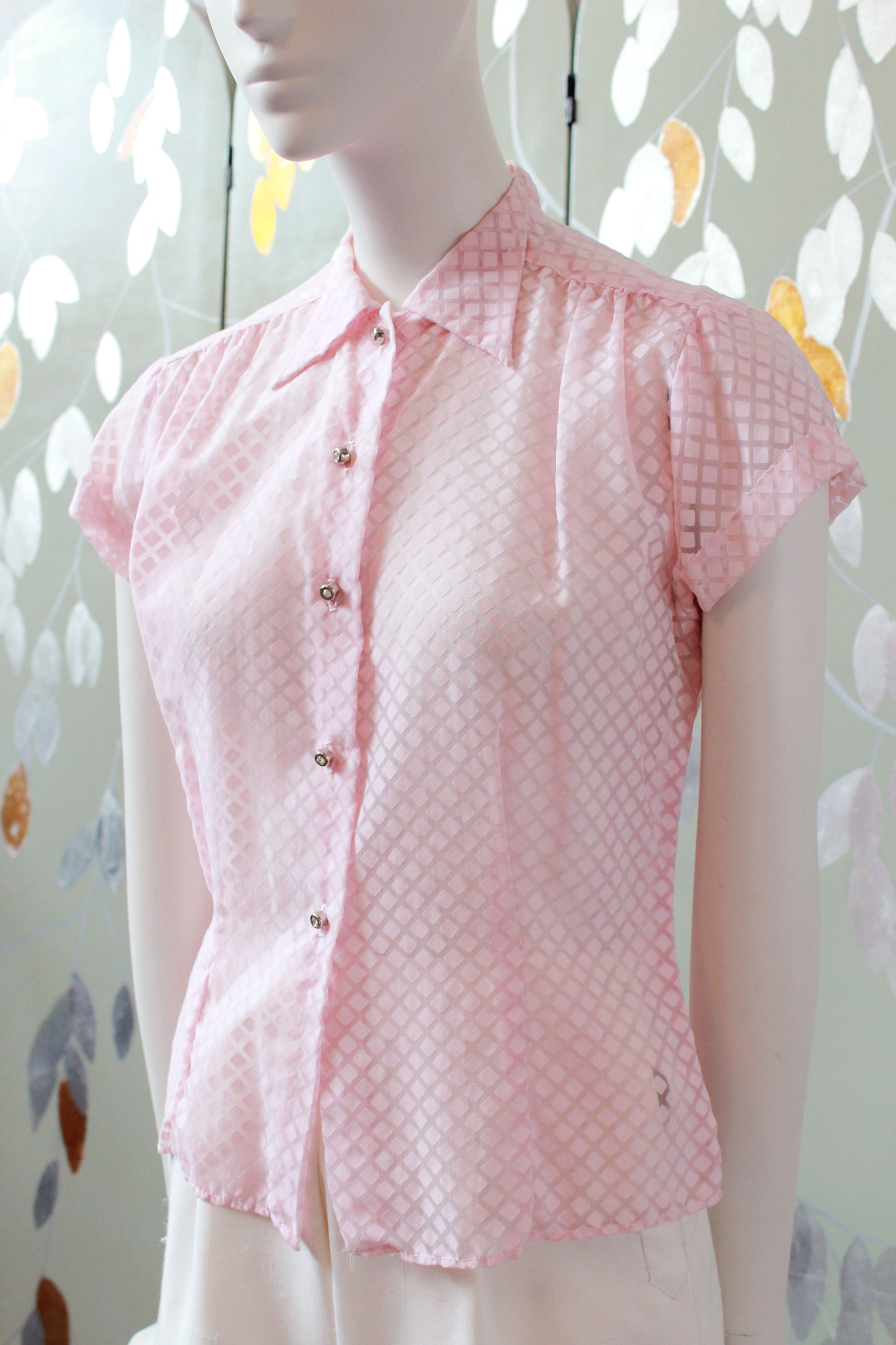 Vintage 1950s Pink Sheer Nylon Button up Short Sleeve Blouse, XS