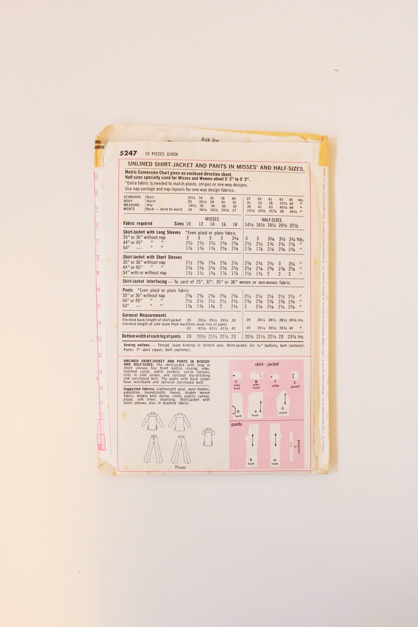 1970s Top/Jacket And Pants Simplicity 5247 Sewing Pattern, Cut, Size 12