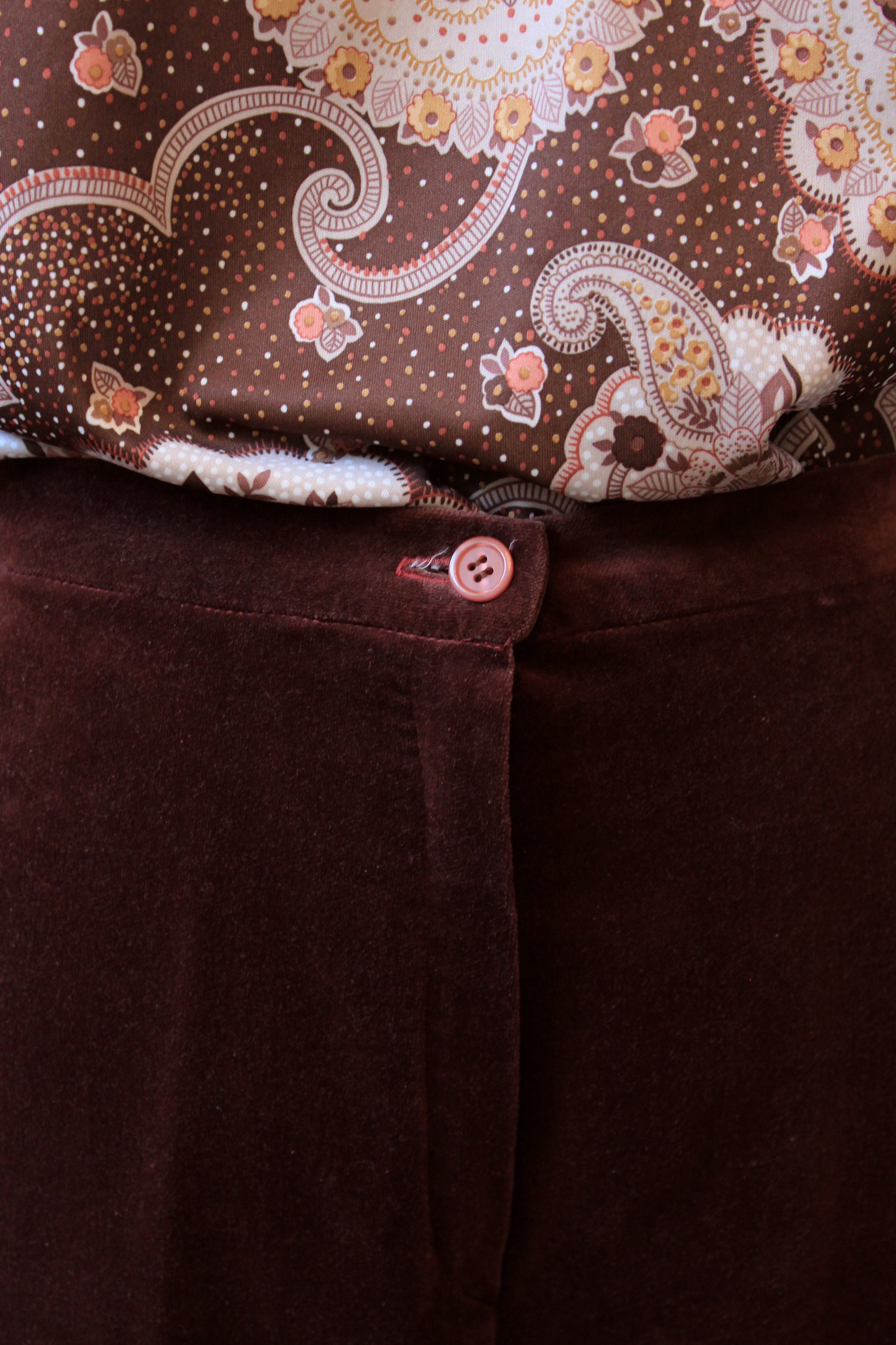 1970s Brown Velvet High Waisted Wide Leg Pants, XS