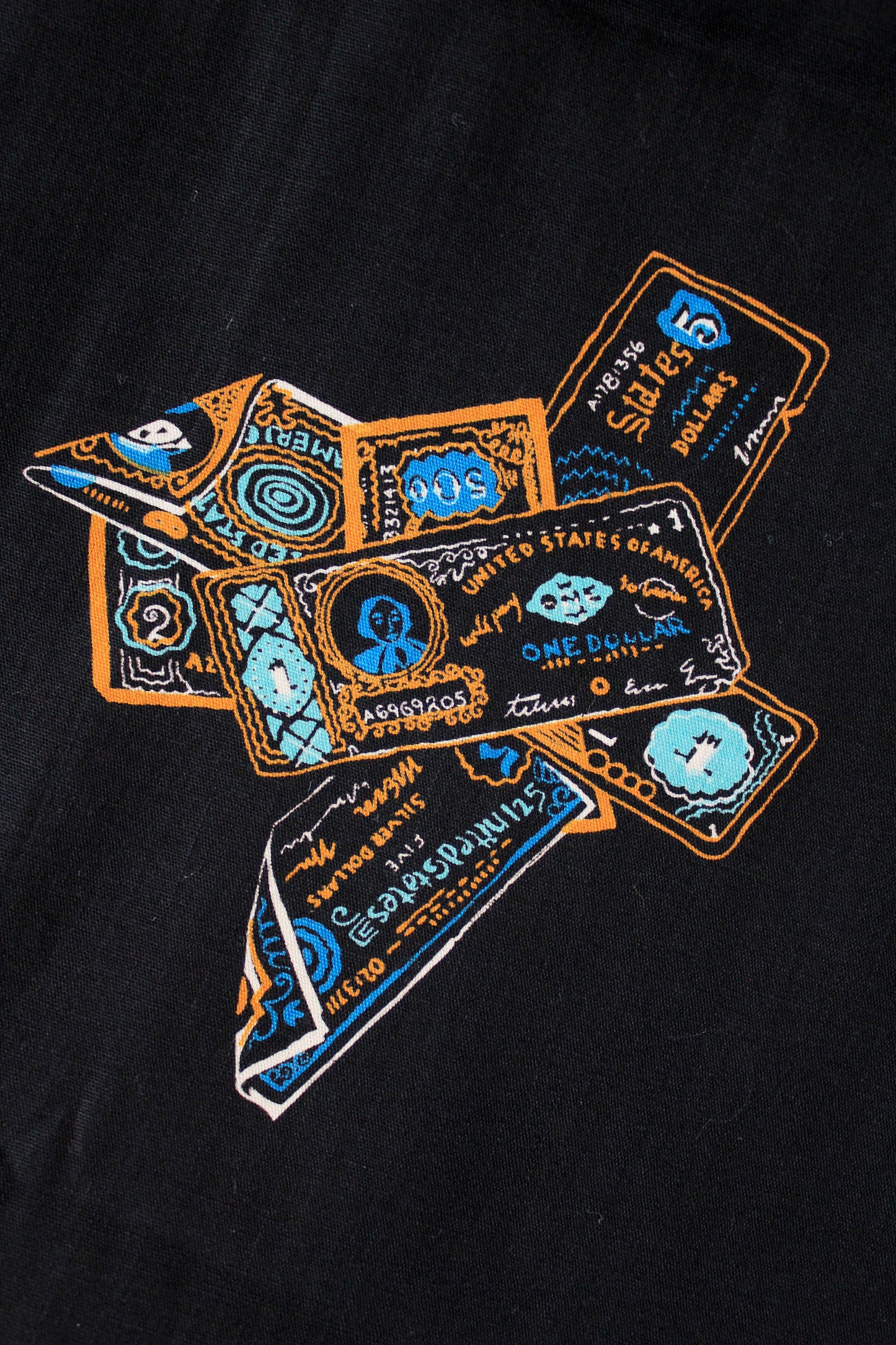 Vintage 1970s Black Cotton Fabric With Novelty USA Dollar Bill Money Print, 4.1 Yards