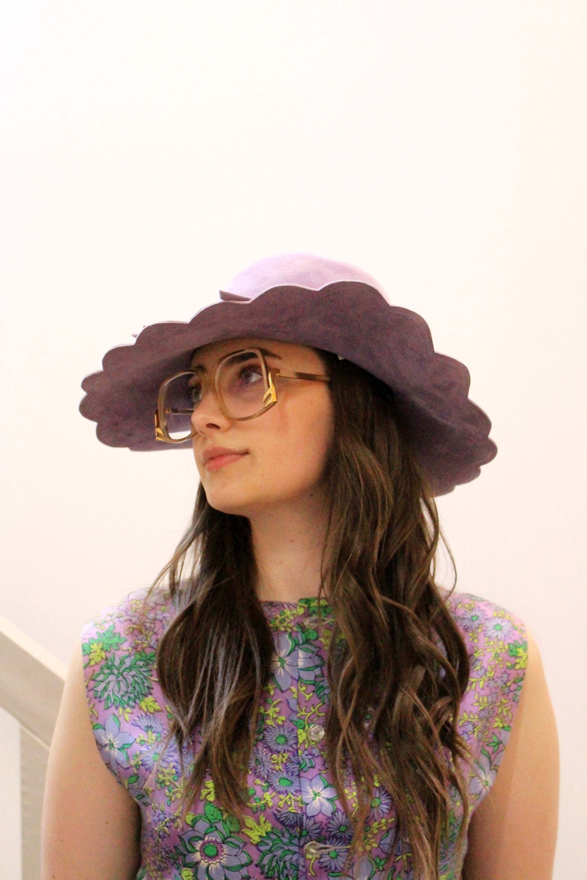 Vintage 1970s Purple Suede Scallop Edge Wide Brim Hat, Small  