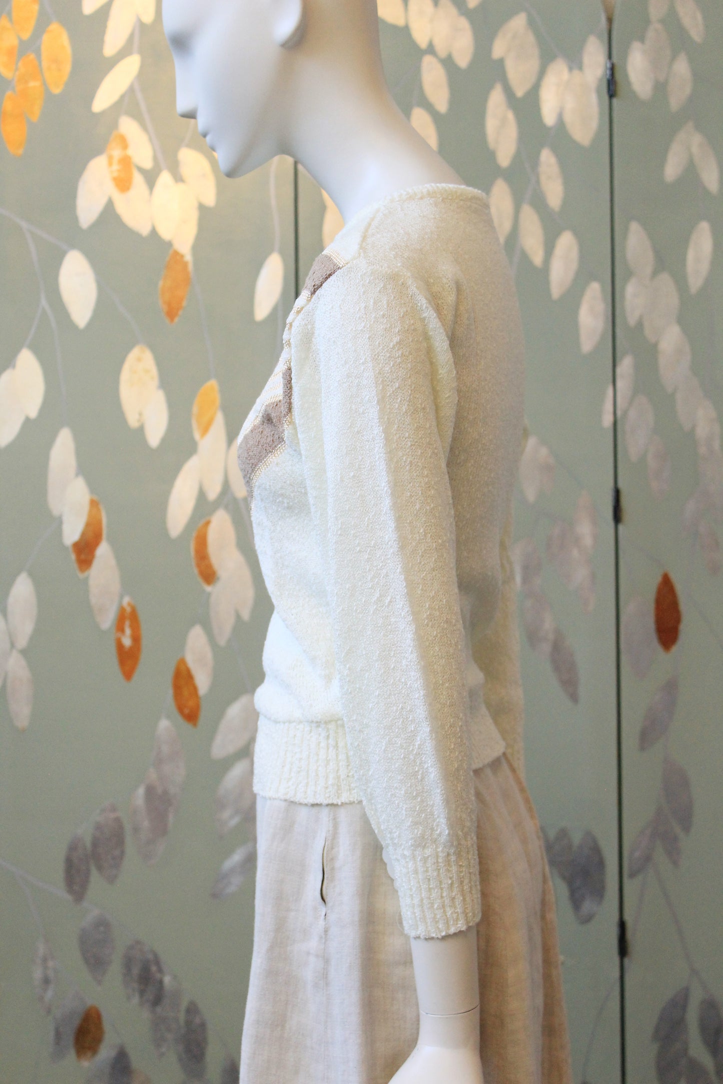 1980s Cream Diagonal Line Deadstock Bracelet Sleeve length Cream Knit Top, Small