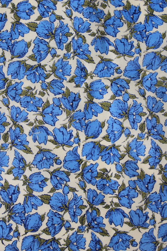 1950s Blue Illustrated Flowers Cotton Sewing Fabric, 1.5 Yards
