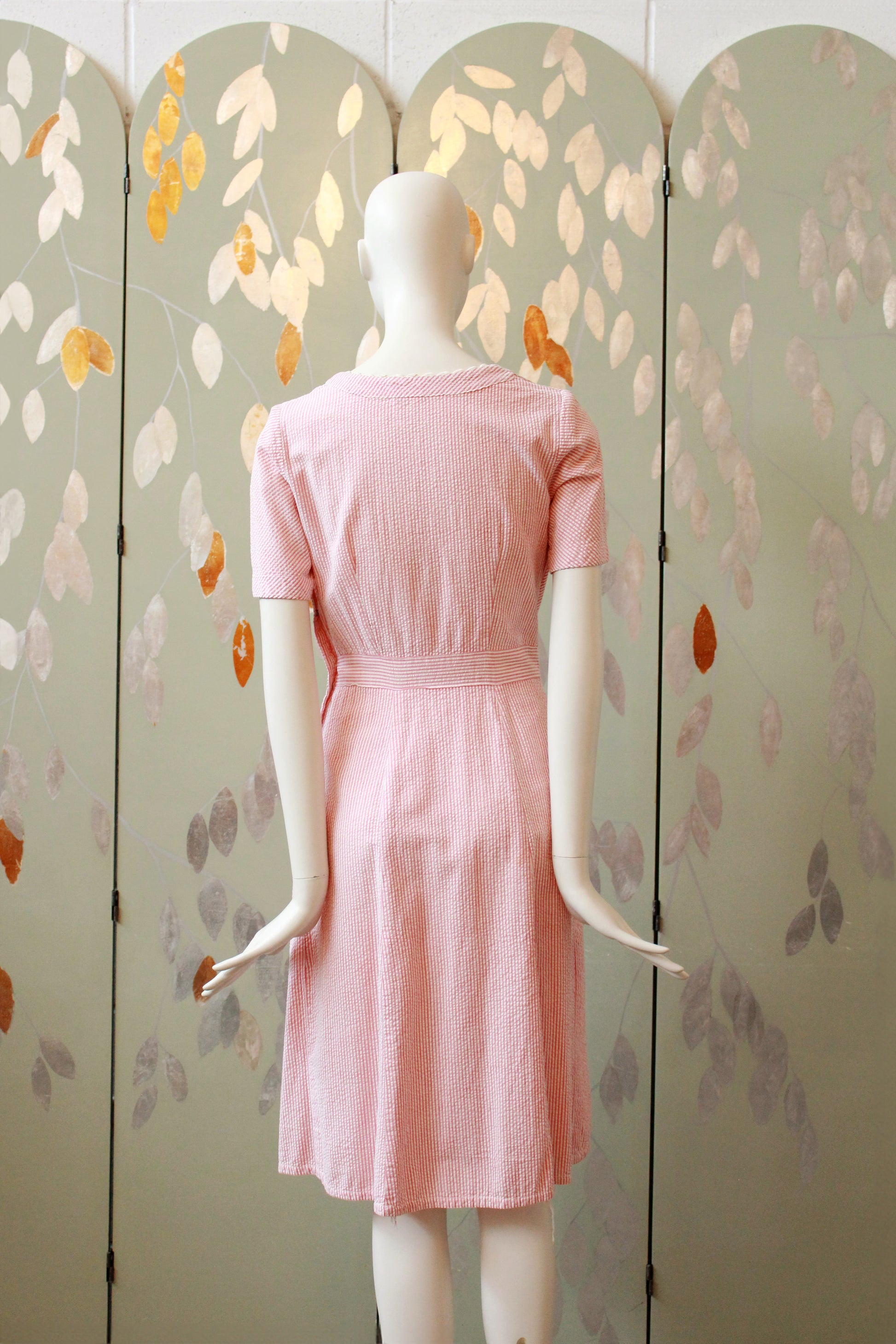 1940s Pink And White Striped Seersucker Dress, Small